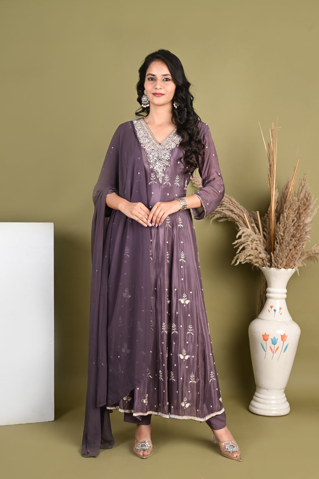 NR-155/ Mauve Pure Chinon Mirrorwork Anarkali Suit Set