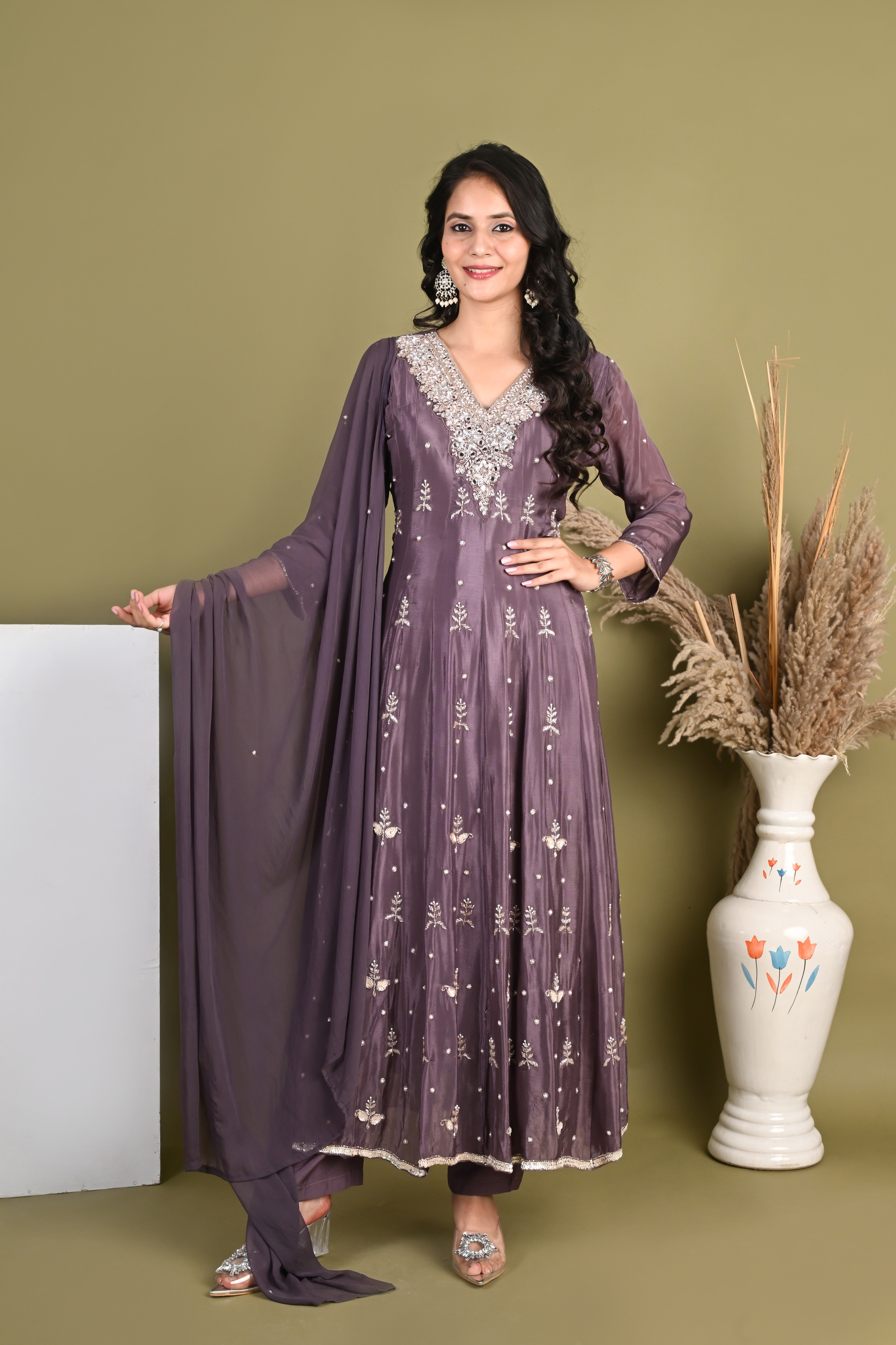 NR-155/ Mauve Pure Chinon Mirrorwork Anarkali Suit Set