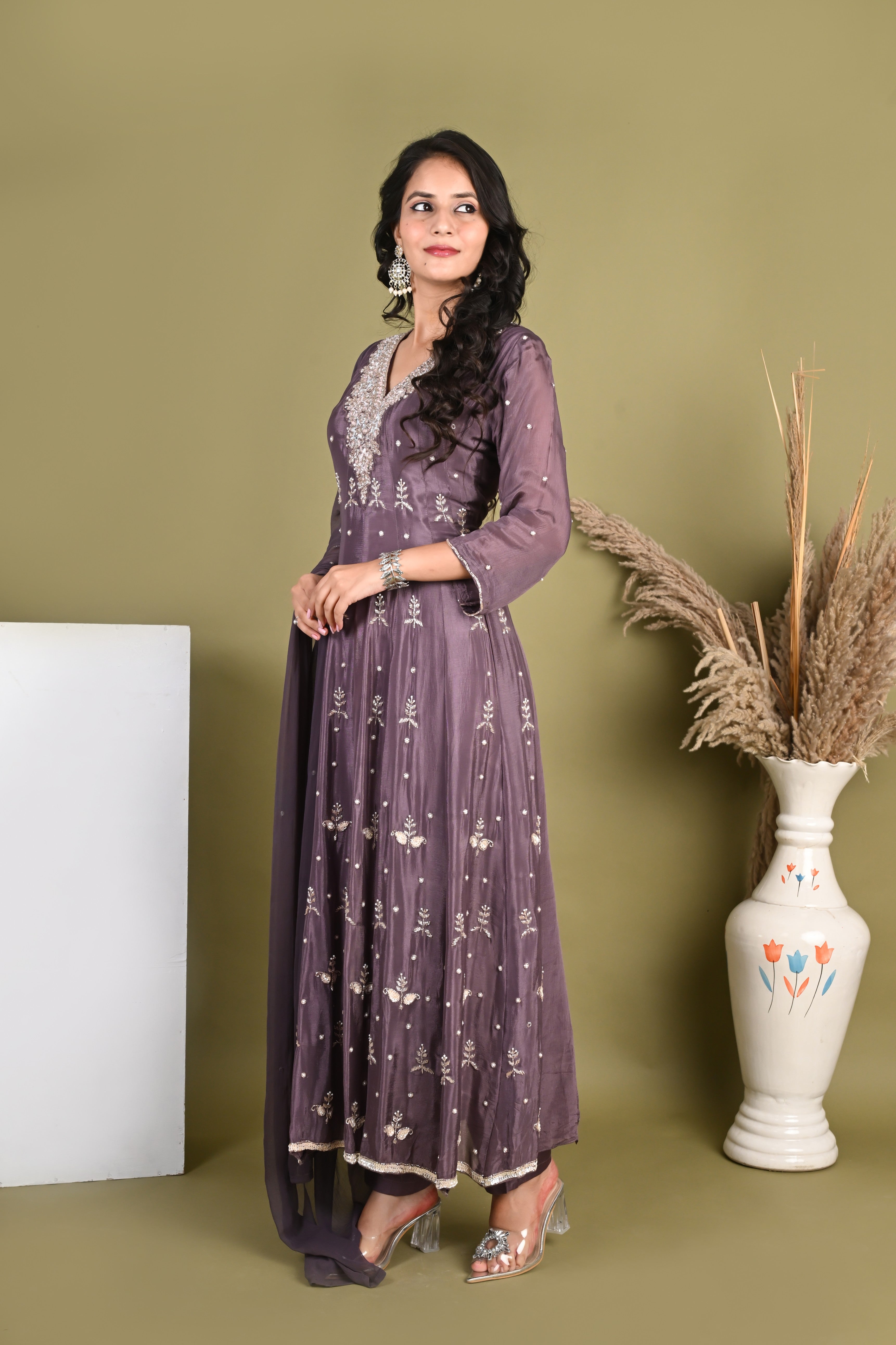 NR-155/ Mauve Pure Chinon Mirrorwork Anarkali Suit Set