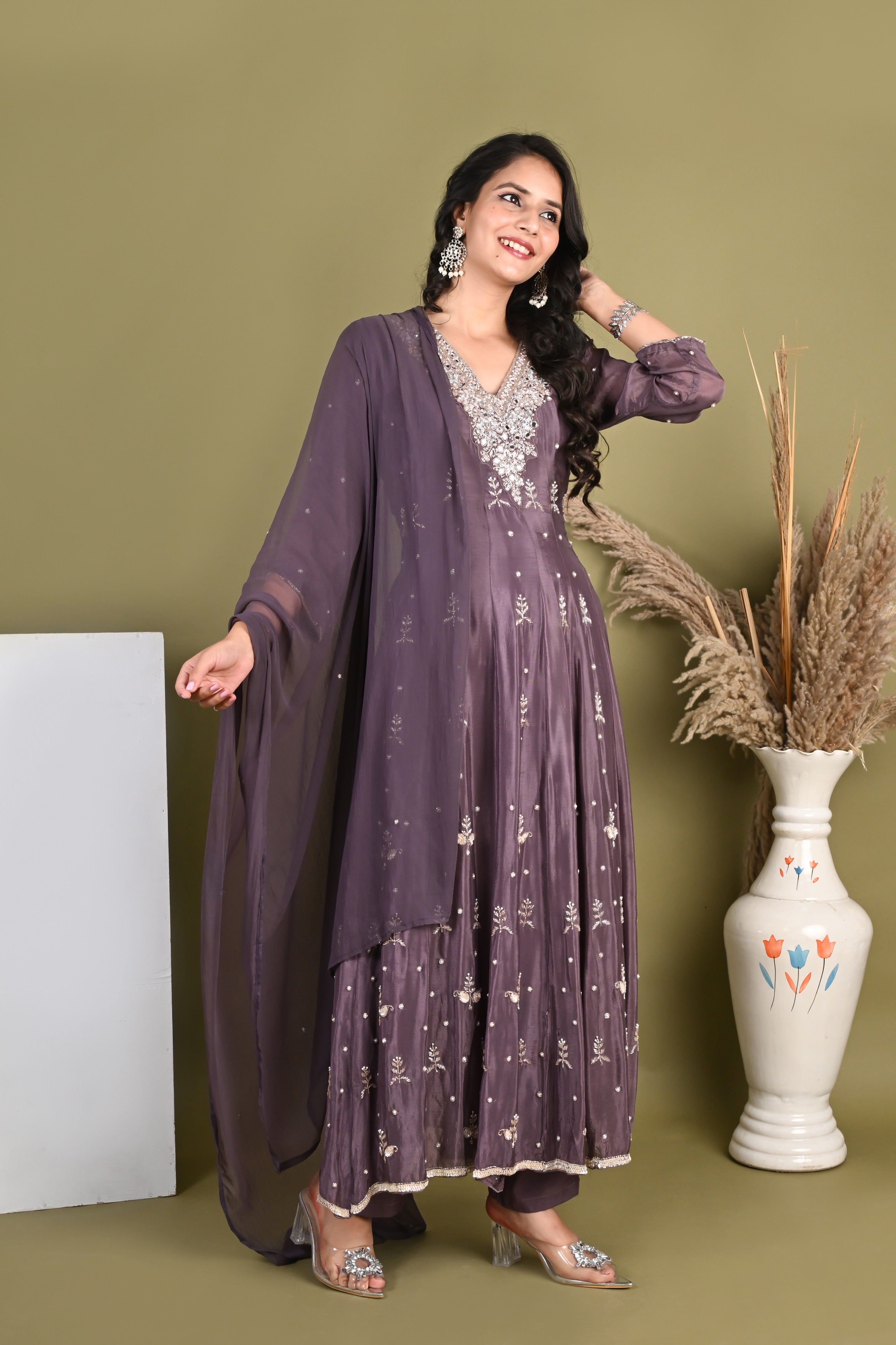 NR-155/ Mauve Pure Chinon Mirrorwork Anarkali Suit Set