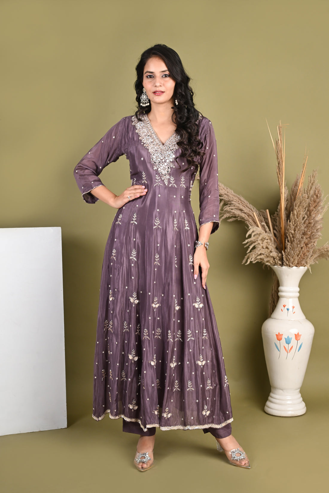 NR-155/ Mauve Pure Chinon Mirrorwork Anarkali Suit Set