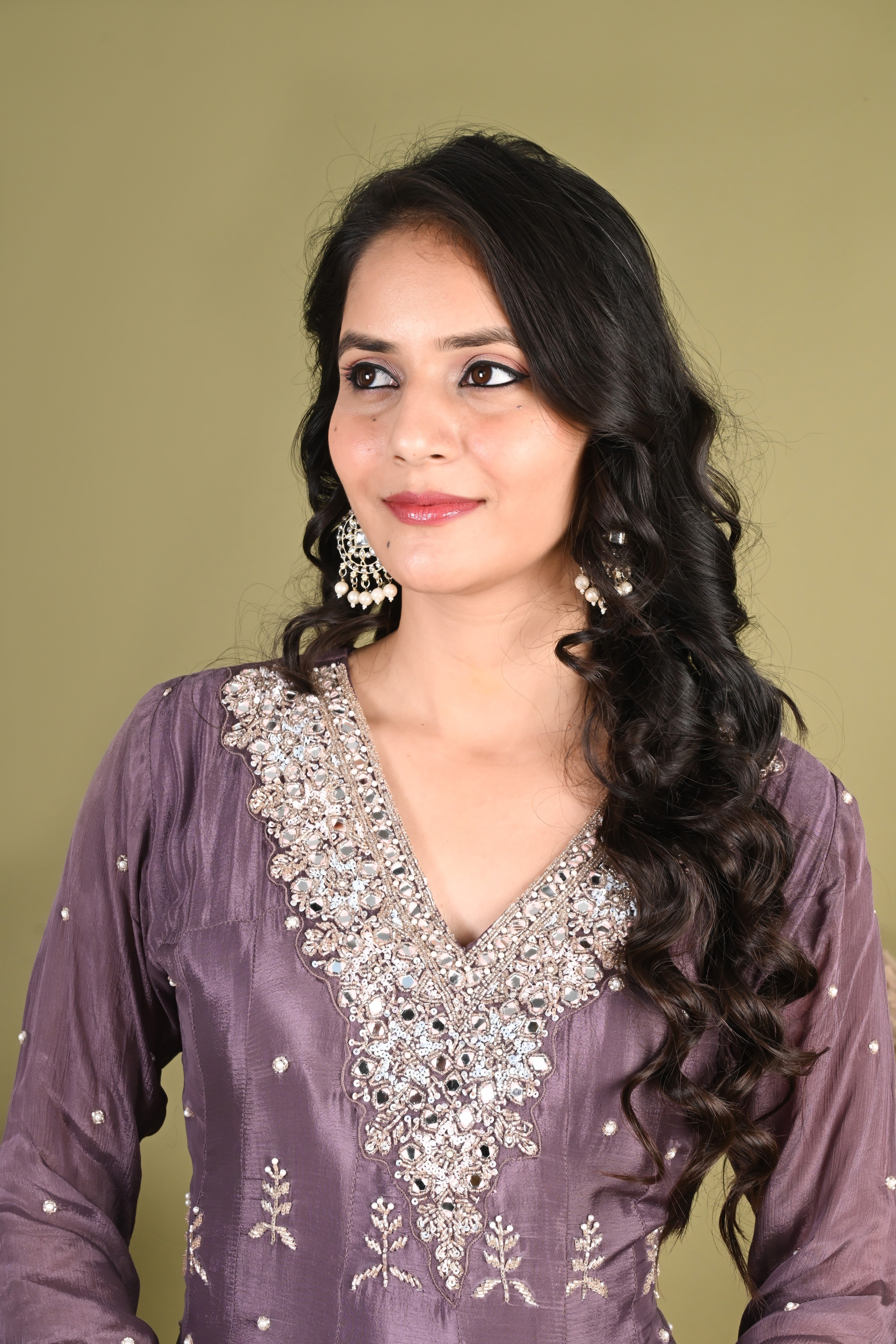 NR-155/ Mauve Pure Chinon Mirrorwork Anarkali Suit Set