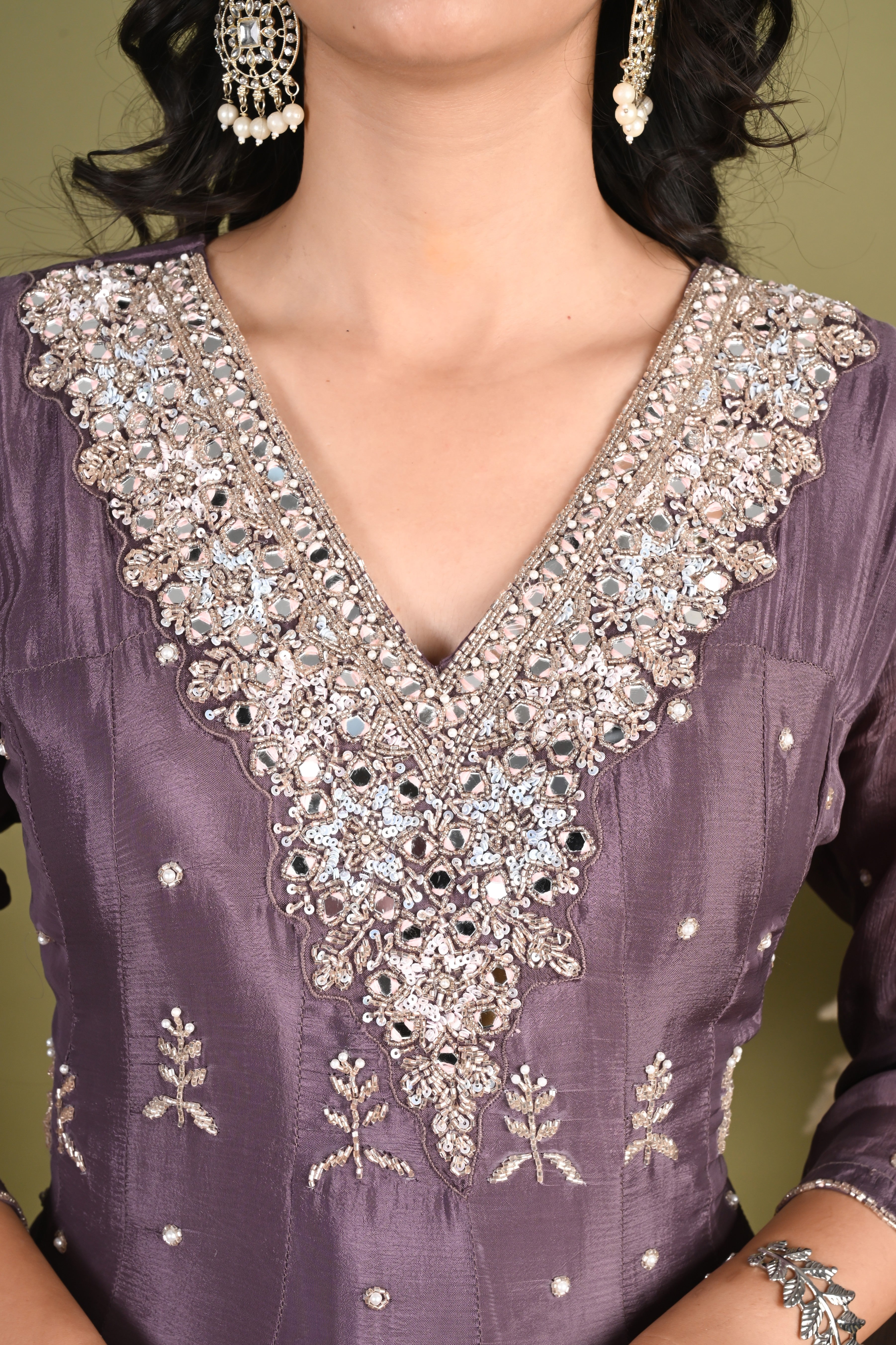 NR-155/ Mauve Pure Chinon Mirrorwork Anarkali Suit Set