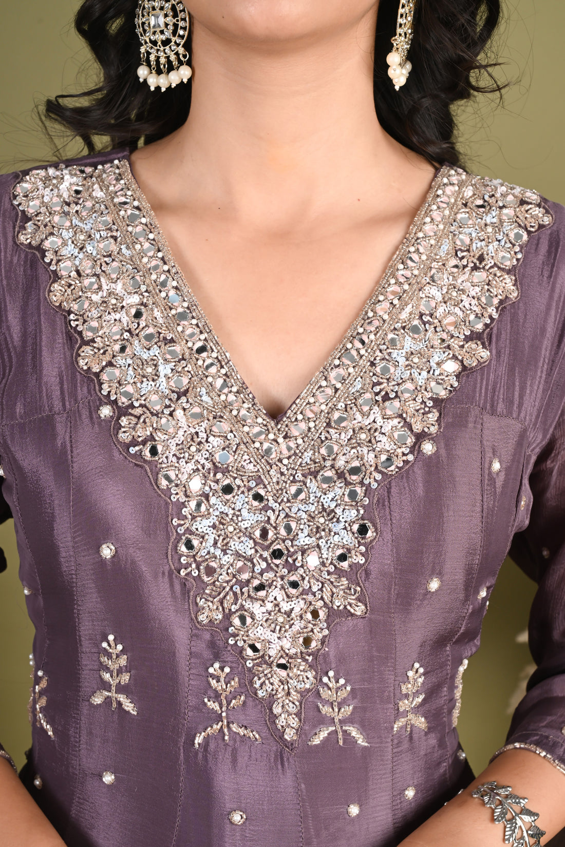 NR-155/ Mauve Pure Chinon Mirrorwork Anarkali Suit Set