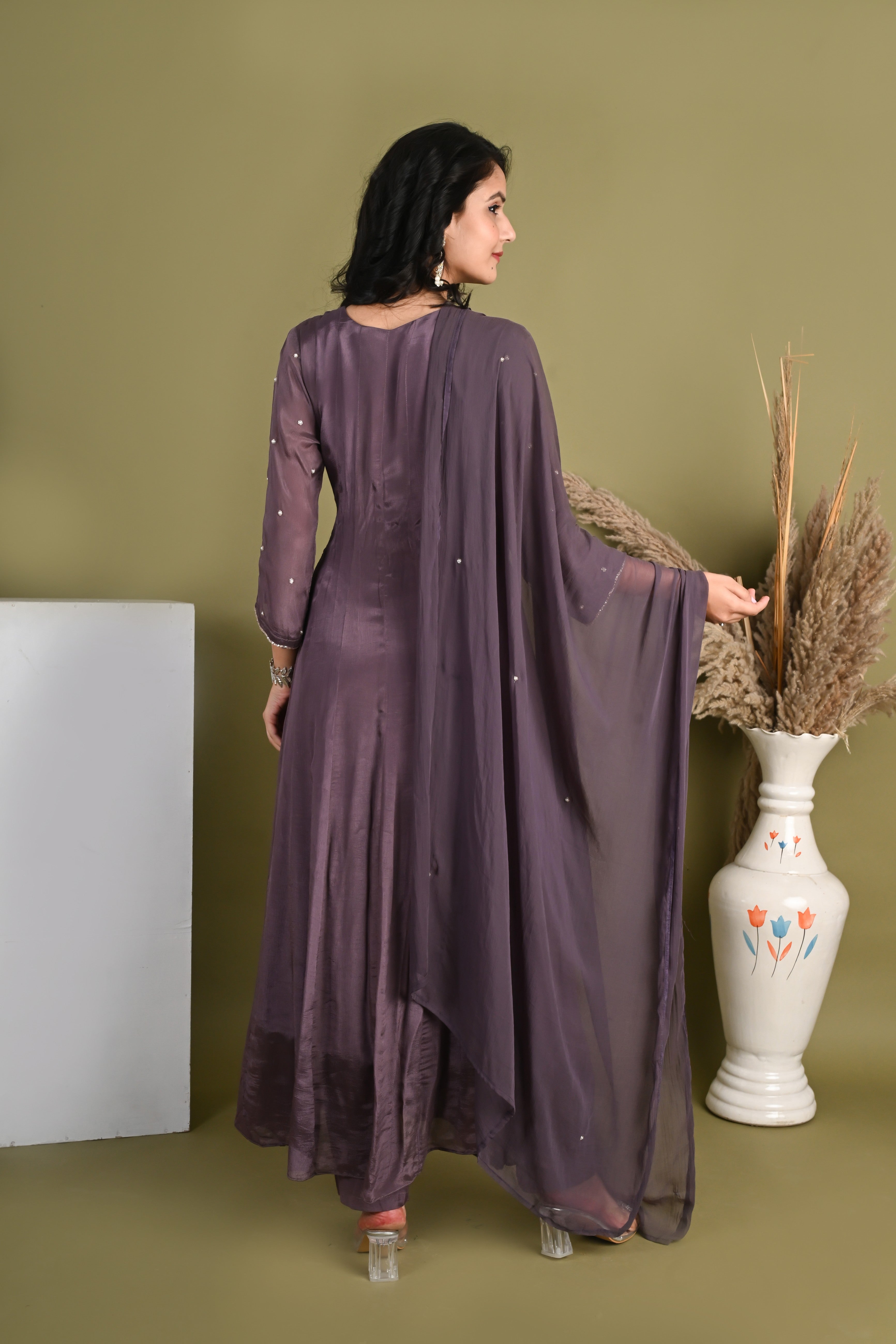 NR-155/ Mauve Pure Chinon Mirrorwork Anarkali Suit Set