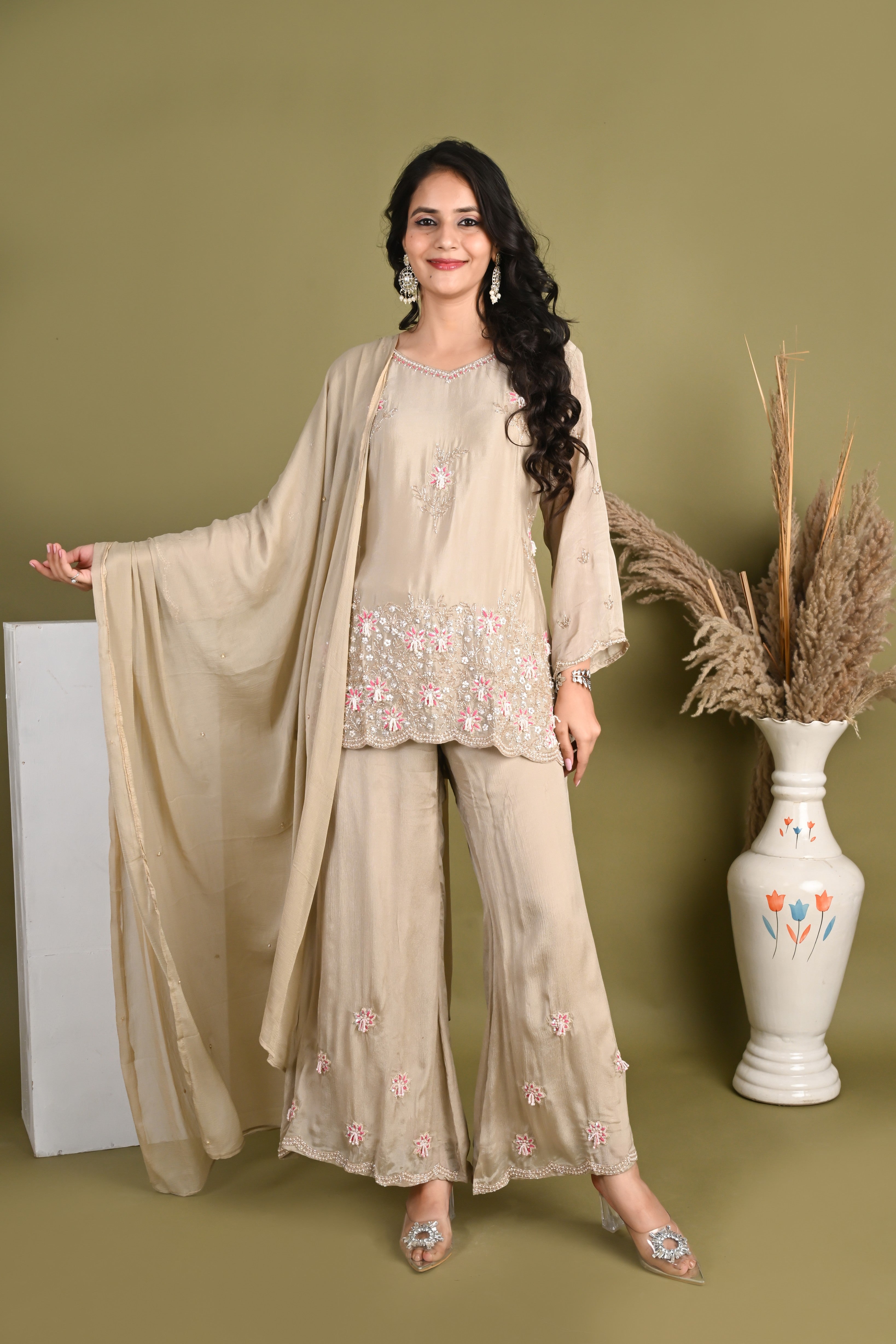 NR-158/ Blush Beige Floral Embroidered Kurta Set