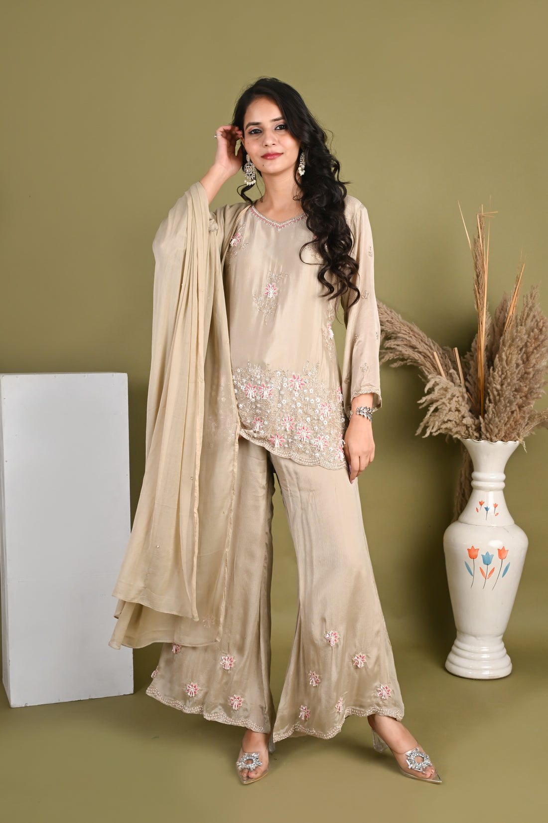 NR-158/ Blush Beige Floral Embroidered Kurta Set