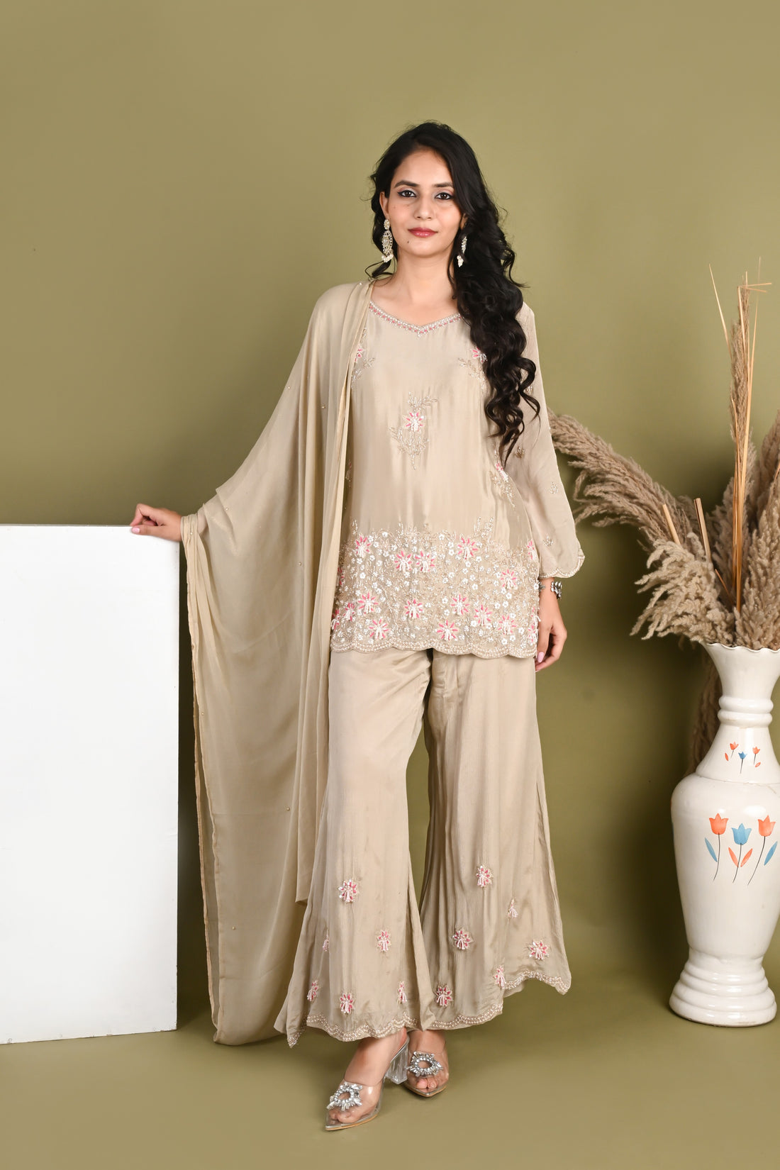 NR-158/ Blush Beige Floral Embroidered Kurta Set