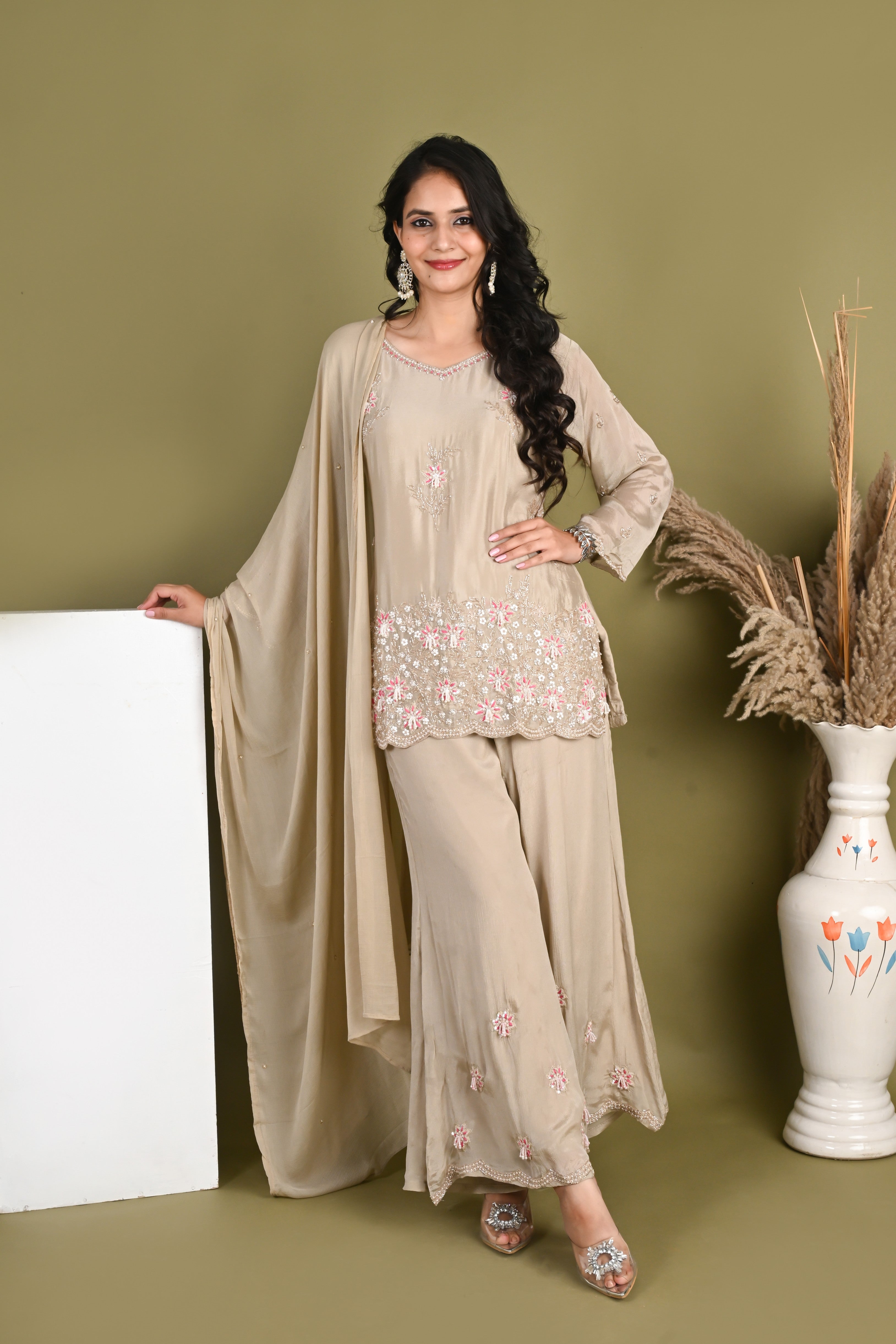 NR-158/ Blush Beige Floral Embroidered Kurta Set