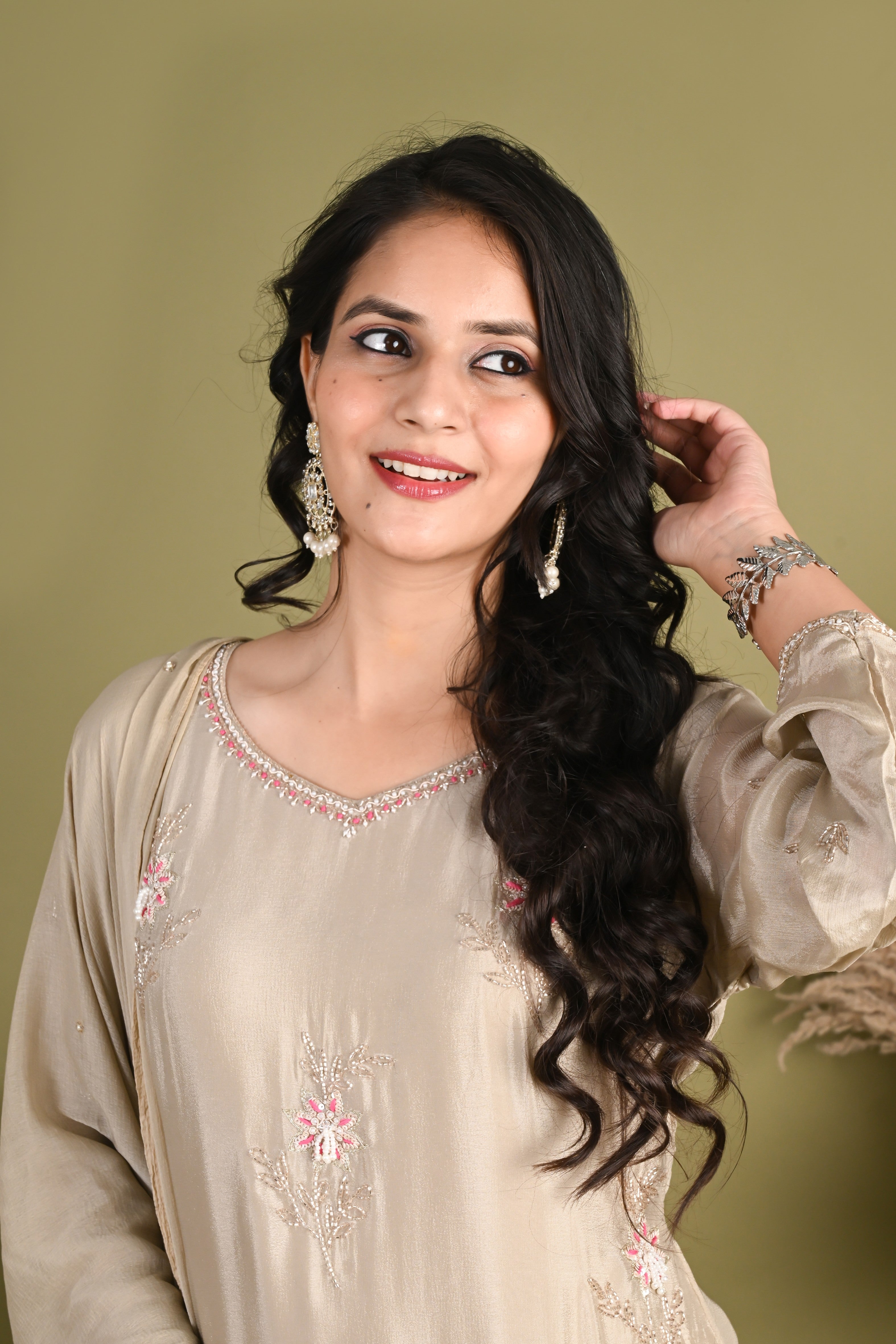 NR-158/ Blush Beige Floral Embroidered Kurta Set