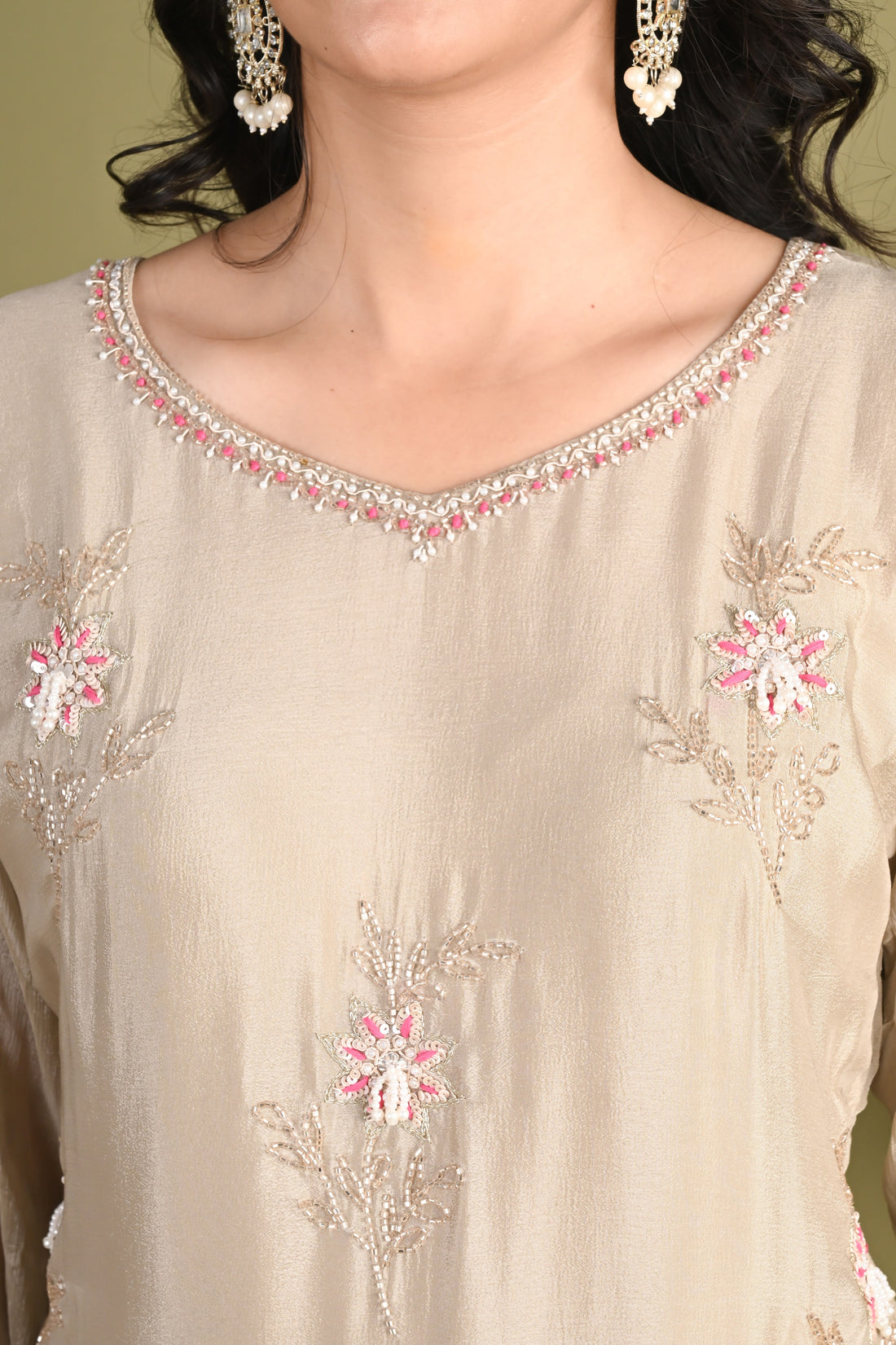 NR-158/ Blush Beige Floral Embroidered Kurta Set