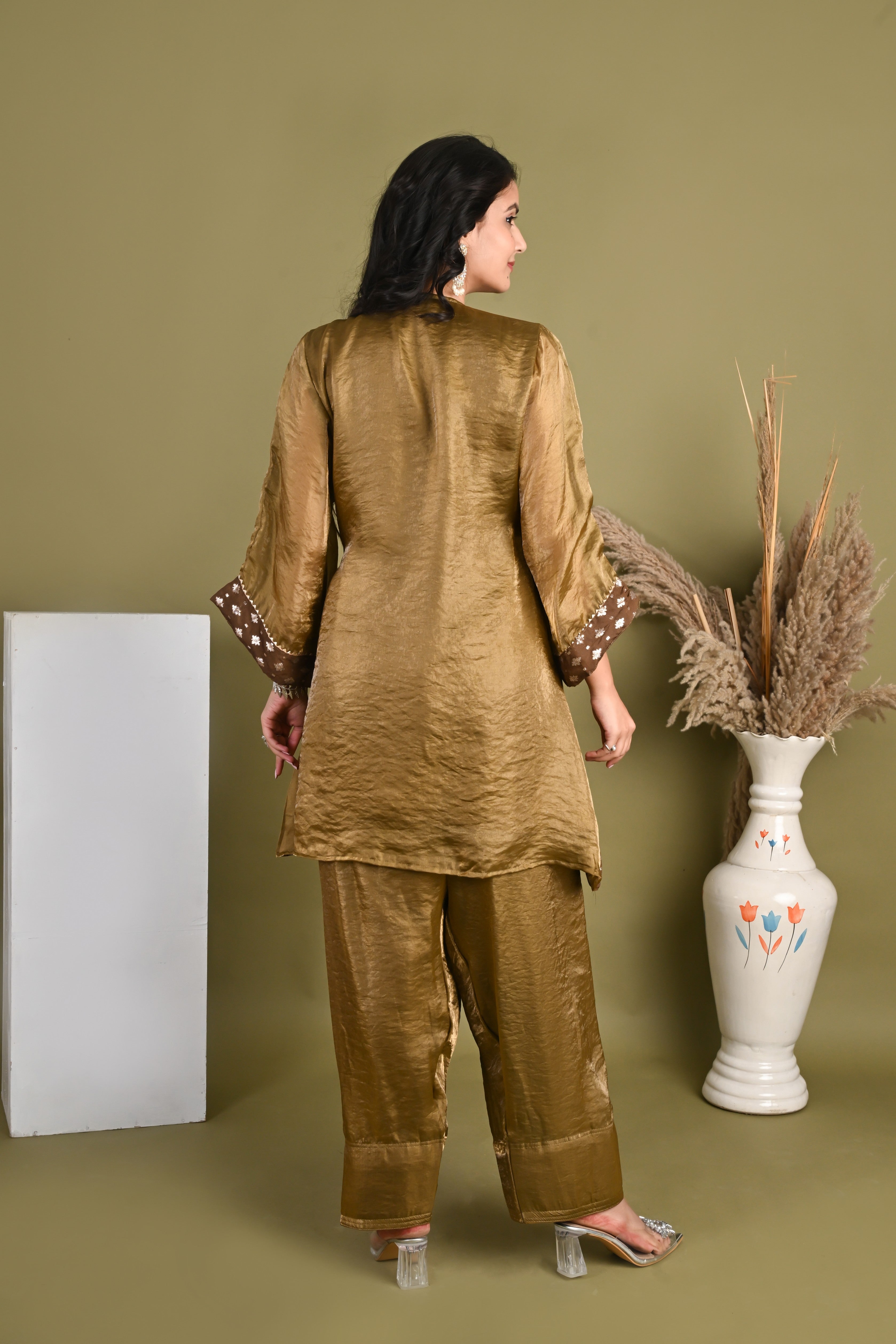 NR-156/ Antique Gold Embroidered Silk  Farsi Salwar Kurta Set with Organza Dupatta