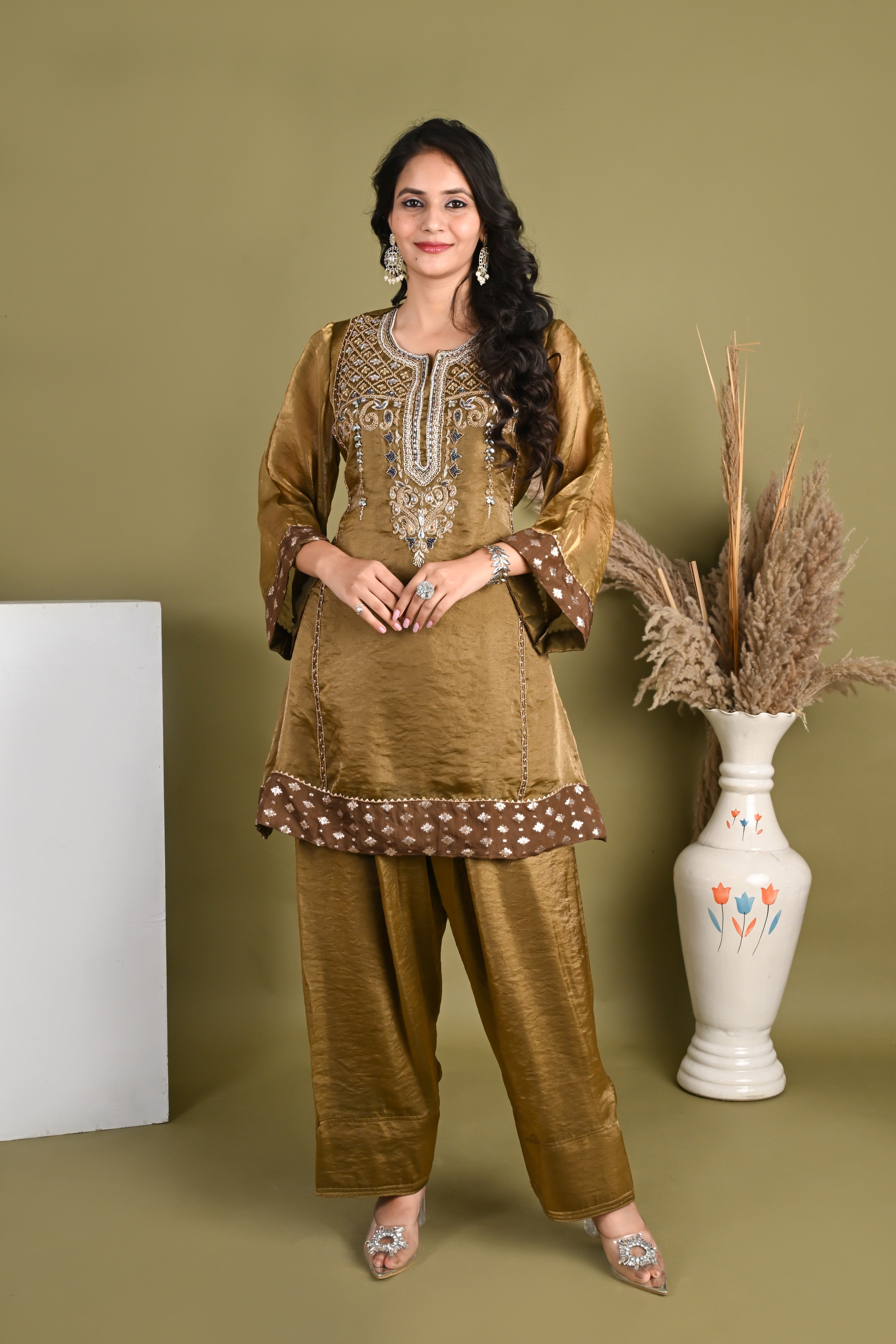 NR-156/ Antique Gold Embroidered Silk  Farsi Salwar Kurta Set with Organza Dupatta
