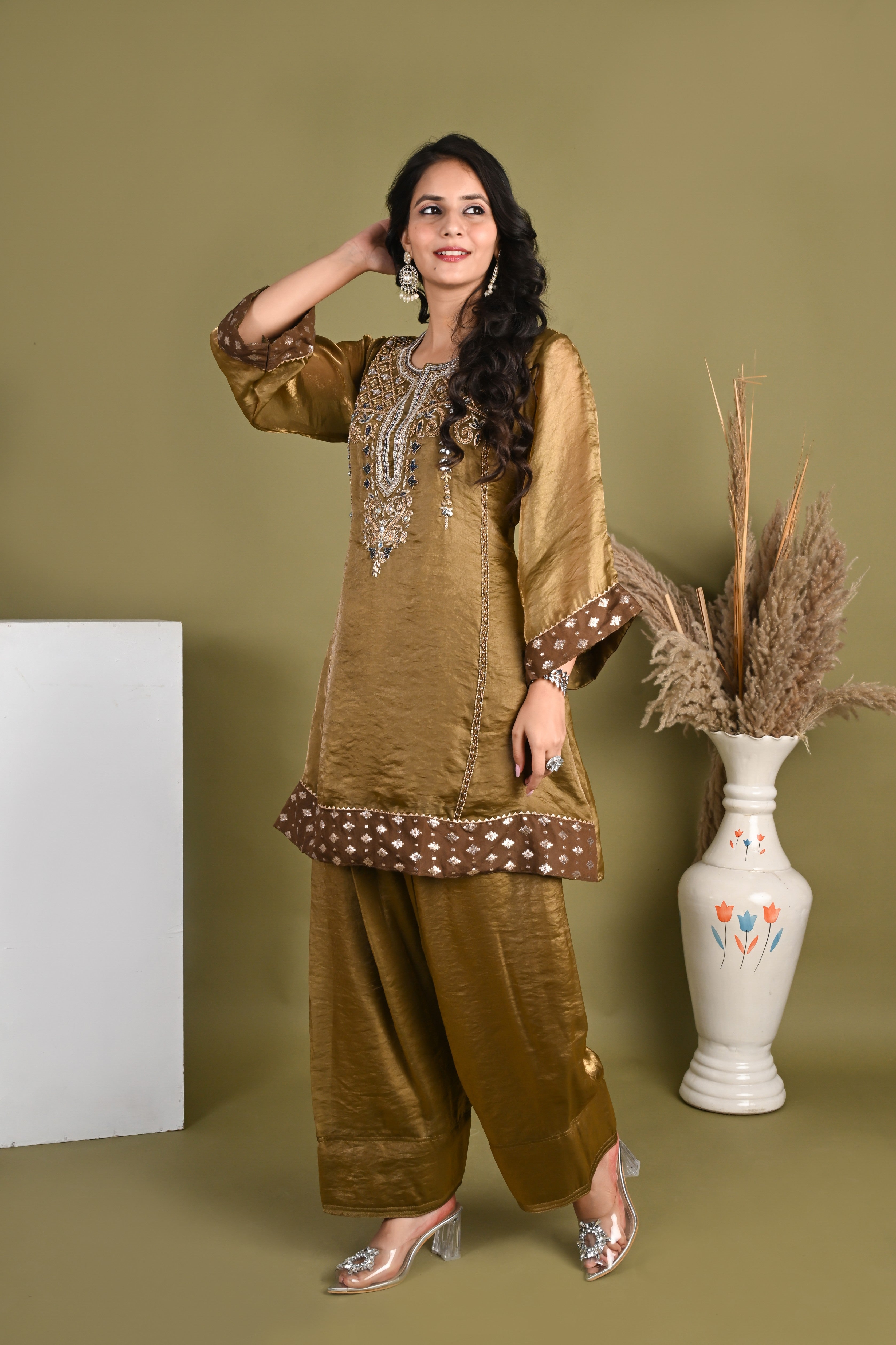 NR-156/ Antique Gold Embroidered Silk  Farsi Salwar Kurta Set with Organza Dupatta