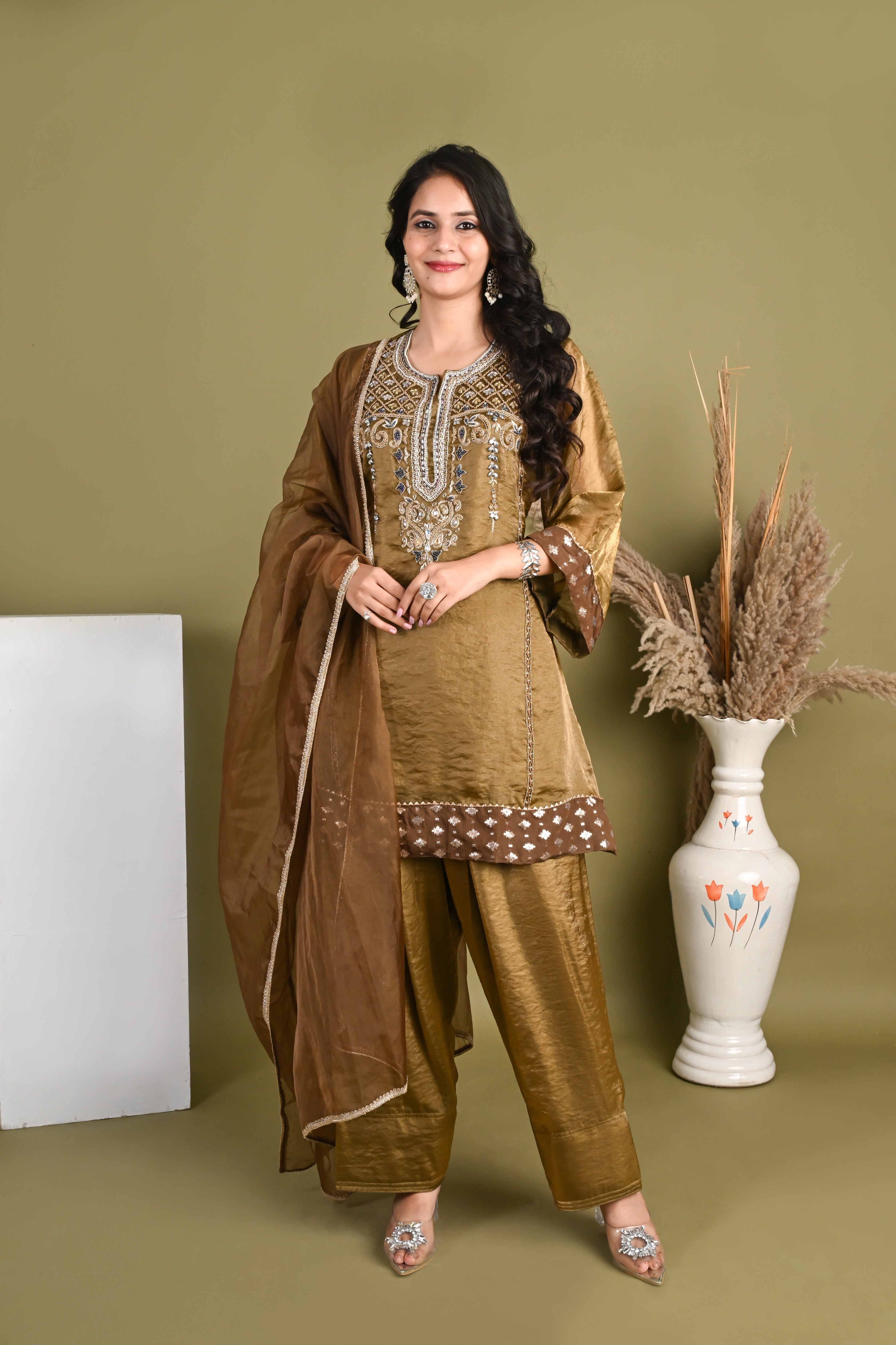 NR-156/ Antique Gold Embroidered Silk  Farsi Salwar Kurta Set with Organza Dupatta