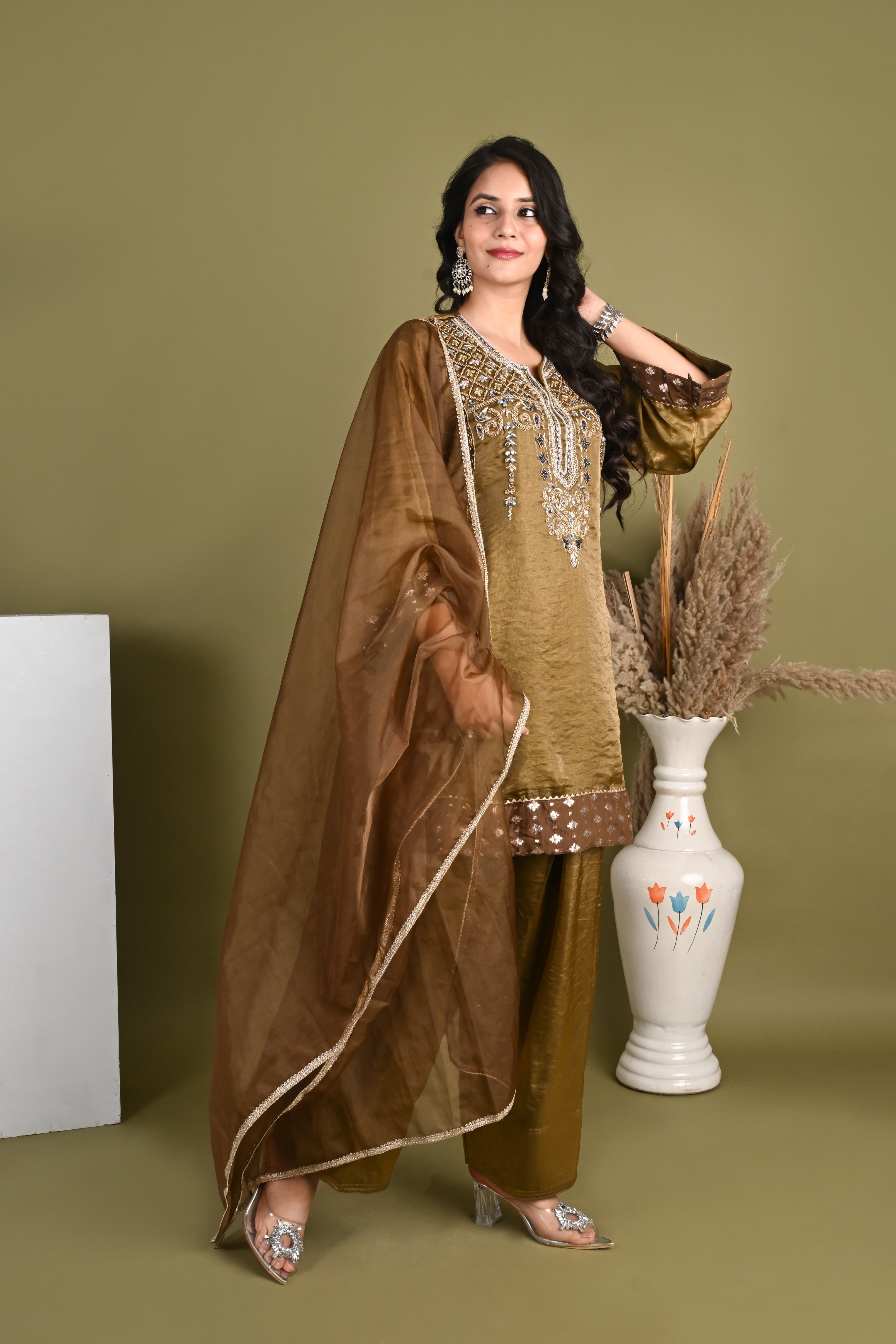 NR-156/ Antique Gold Embroidered Silk  Farsi Salwar Kurta Set with Organza Dupatta