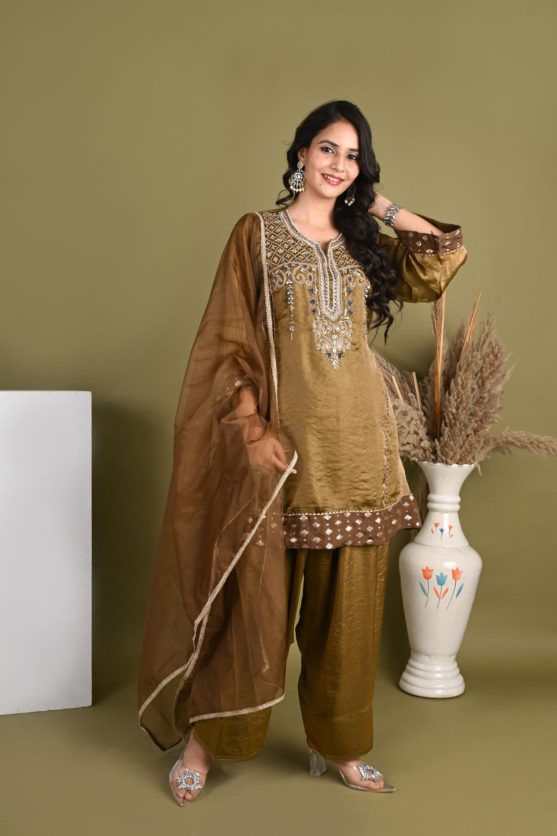 NR-156/ Antique Gold Embroidered Silk  Farsi Salwar Kurta Set with Organza Dupatta