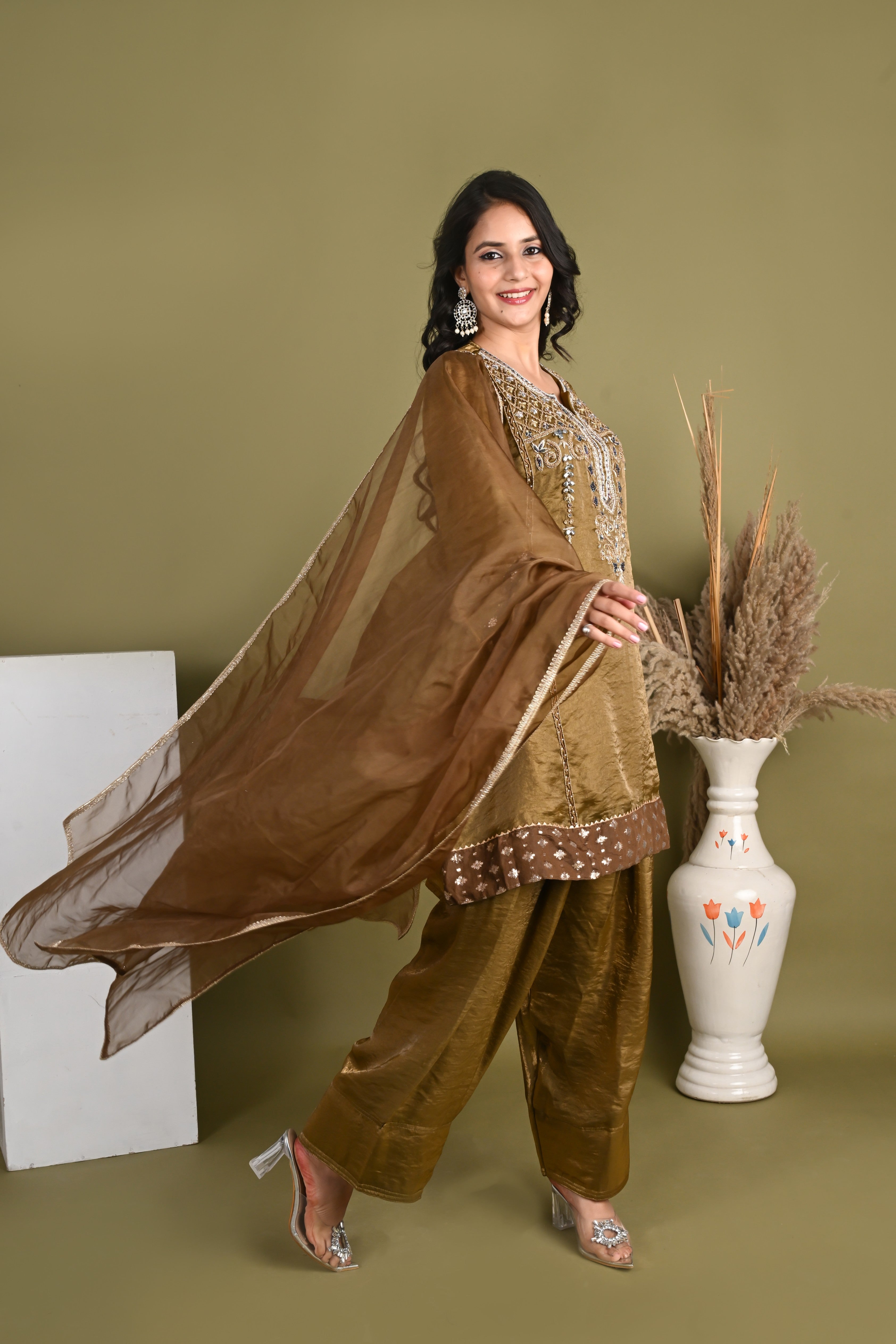 NR-156/ Antique Gold Embroidered Silk  Farsi Salwar Kurta Set with Organza Dupatta