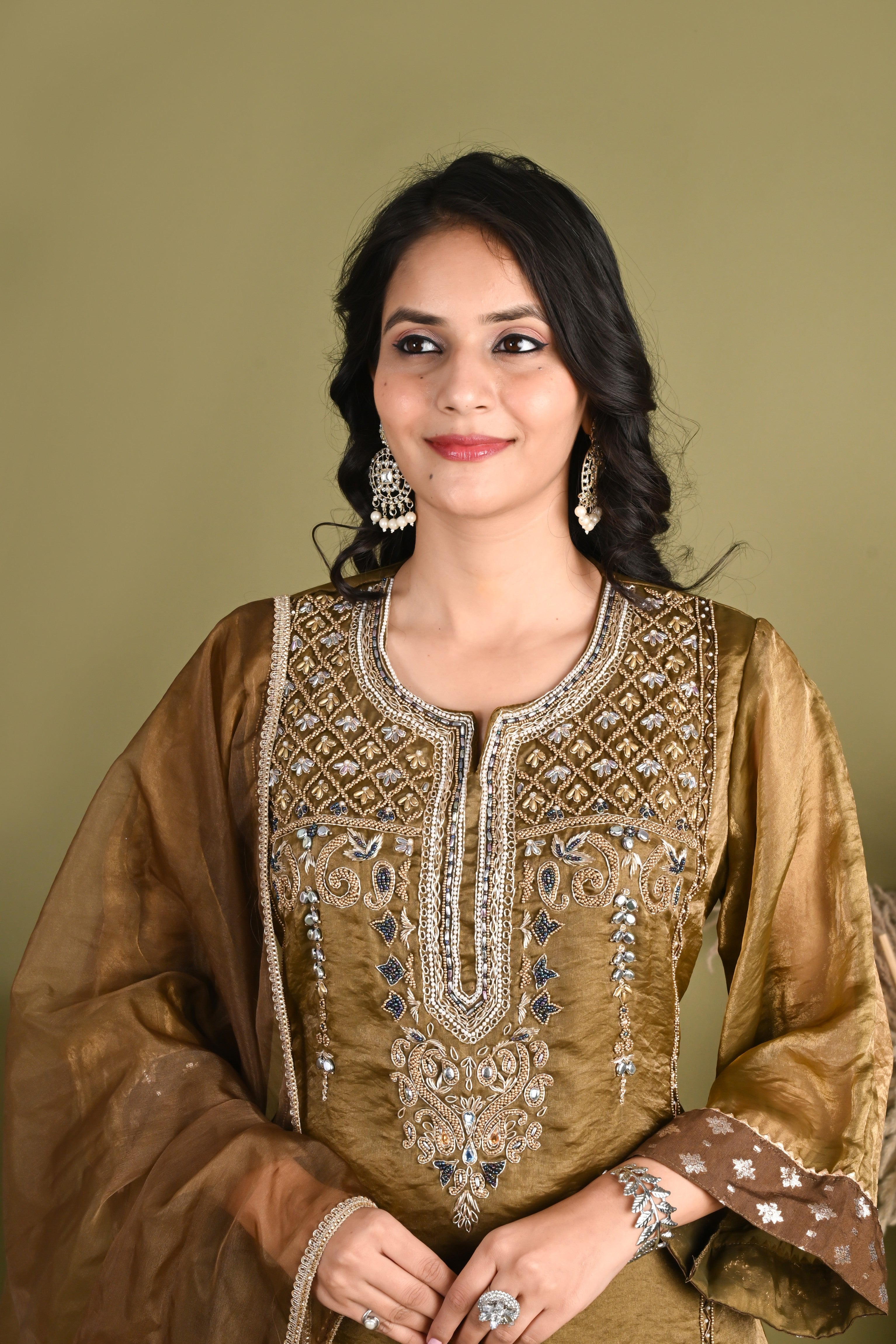 NR-156/ Antique Gold Embroidered Silk  Farsi Salwar Kurta Set with Organza Dupatta