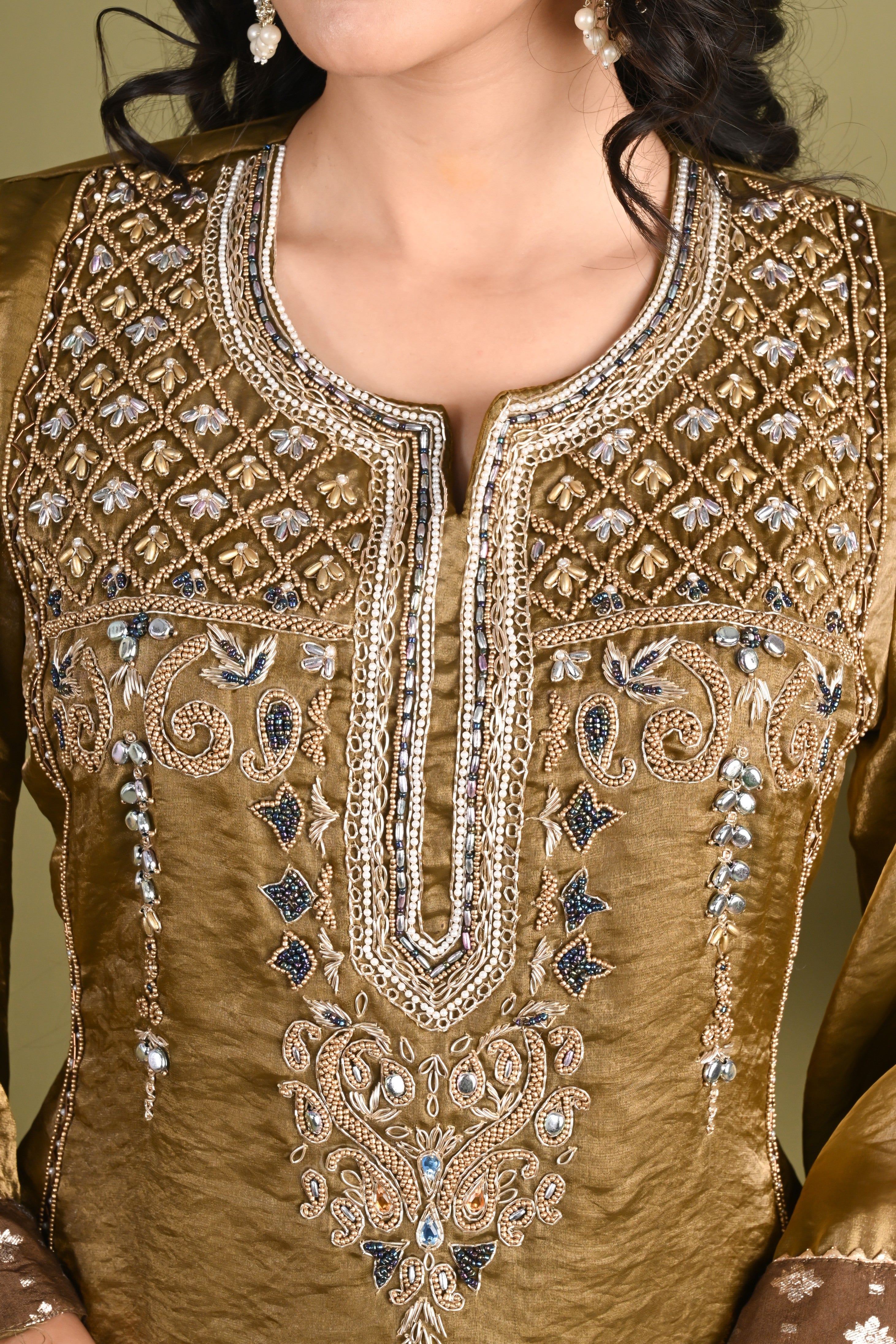 NR-156/ Antique Gold Embroidered Silk  Farsi Salwar Kurta Set with Organza Dupatta