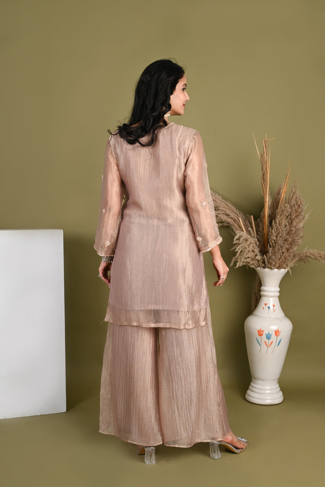 NR-161/ Champagne Rose Embroidered Kurta Set with Bustier & Palazzo