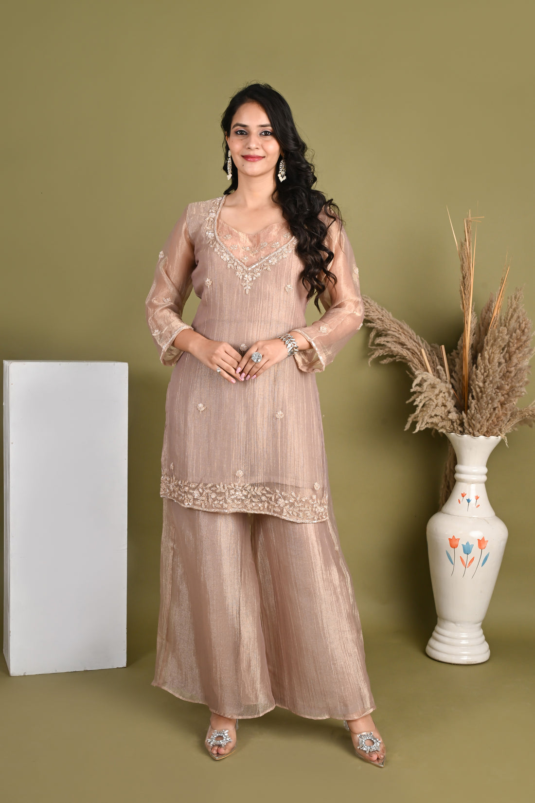 NR-161/ Champagne Rose Embroidered Kurta Set with Bustier & Palazzo