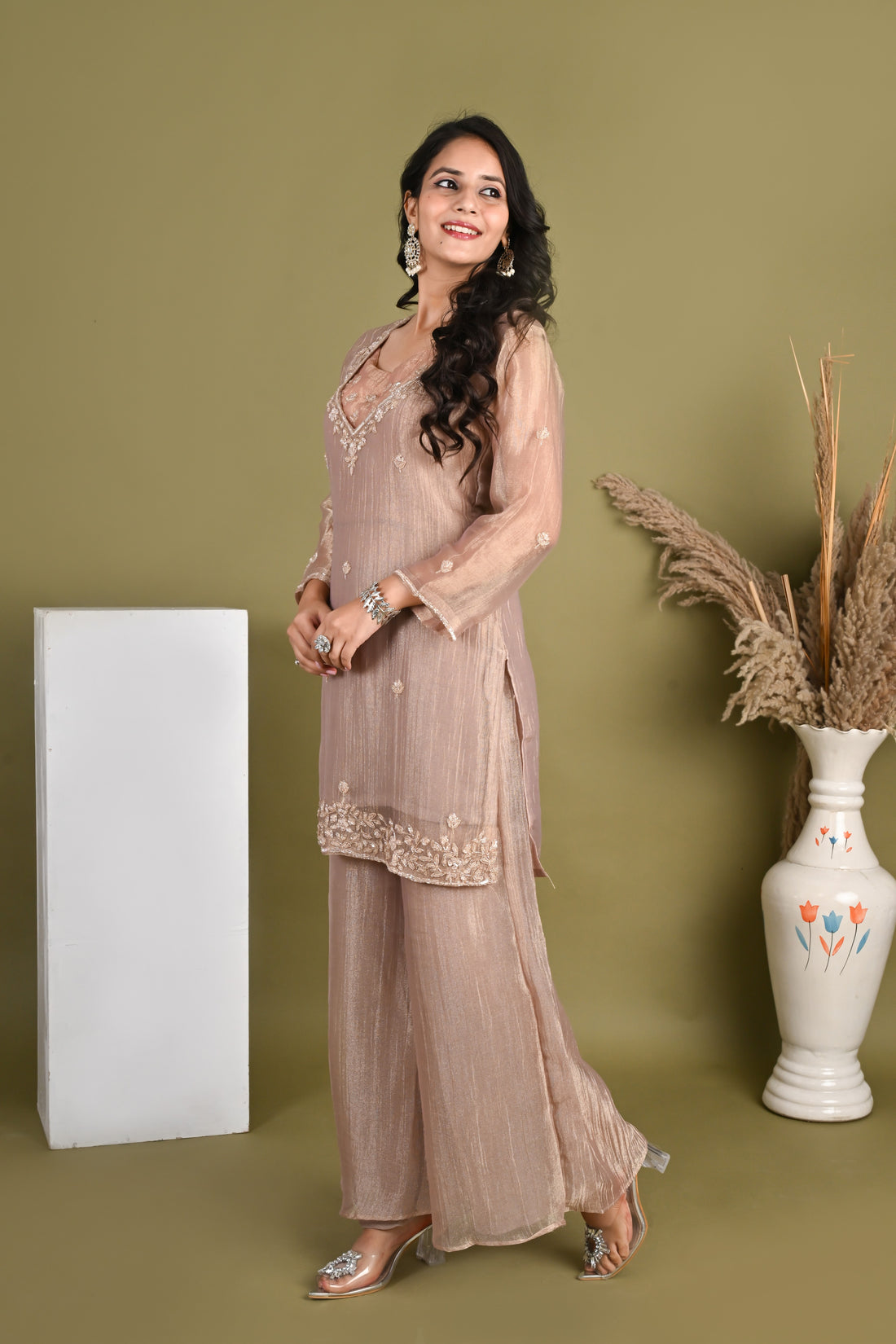 NR-161/ Champagne Rose Embroidered Kurta Set with Bustier & Palazzo