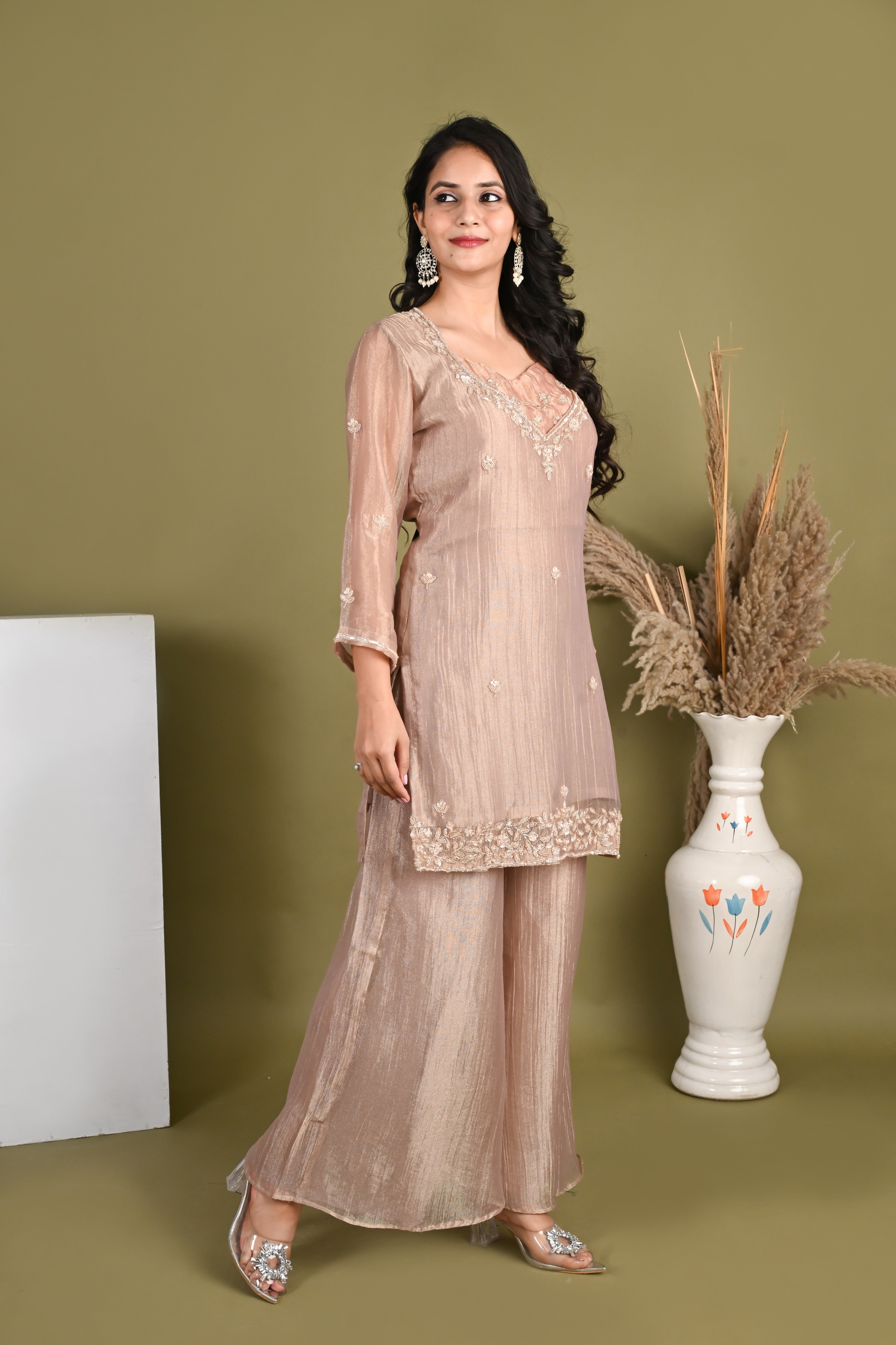 NR-161/ Champagne Rose Embroidered Kurta Set with Bustier & Palazzo