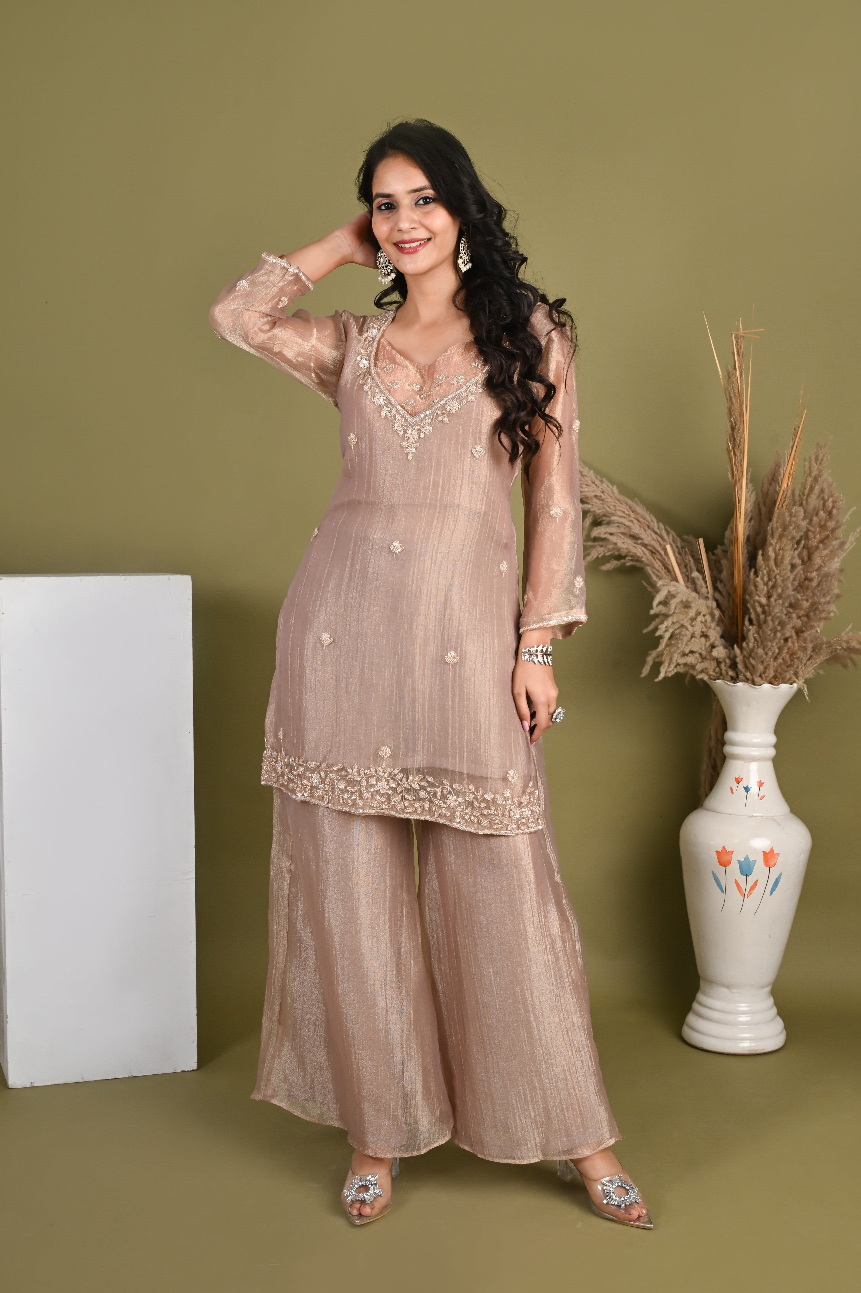 NR-161/ Champagne Rose Embroidered Kurta Set with Bustier & Palazzo