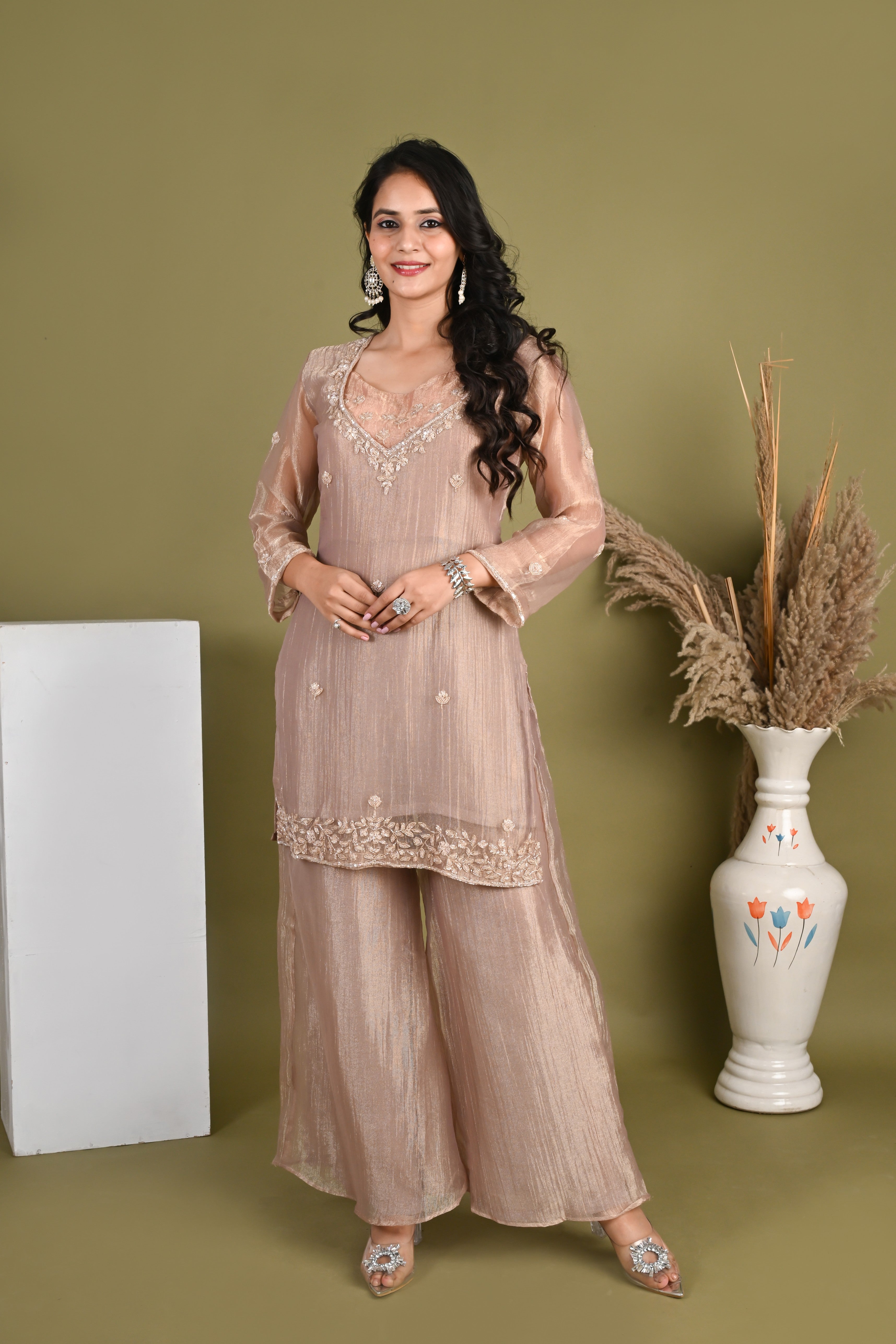 NR-161/ Champagne Rose Embroidered Kurta Set with Bustier & Palazzo
