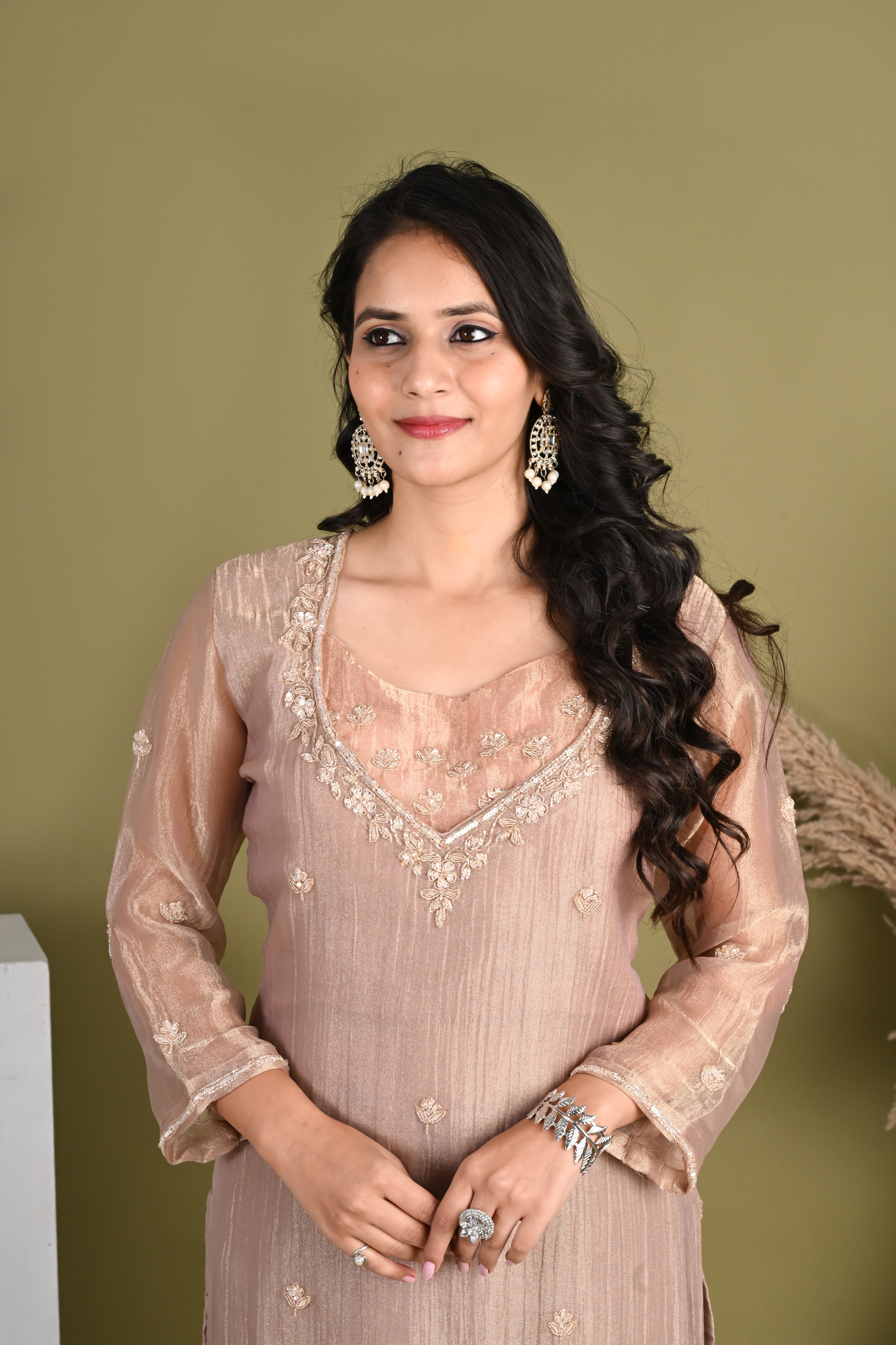 NR-161/ Champagne Rose Embroidered Kurta Set with Bustier & Palazzo