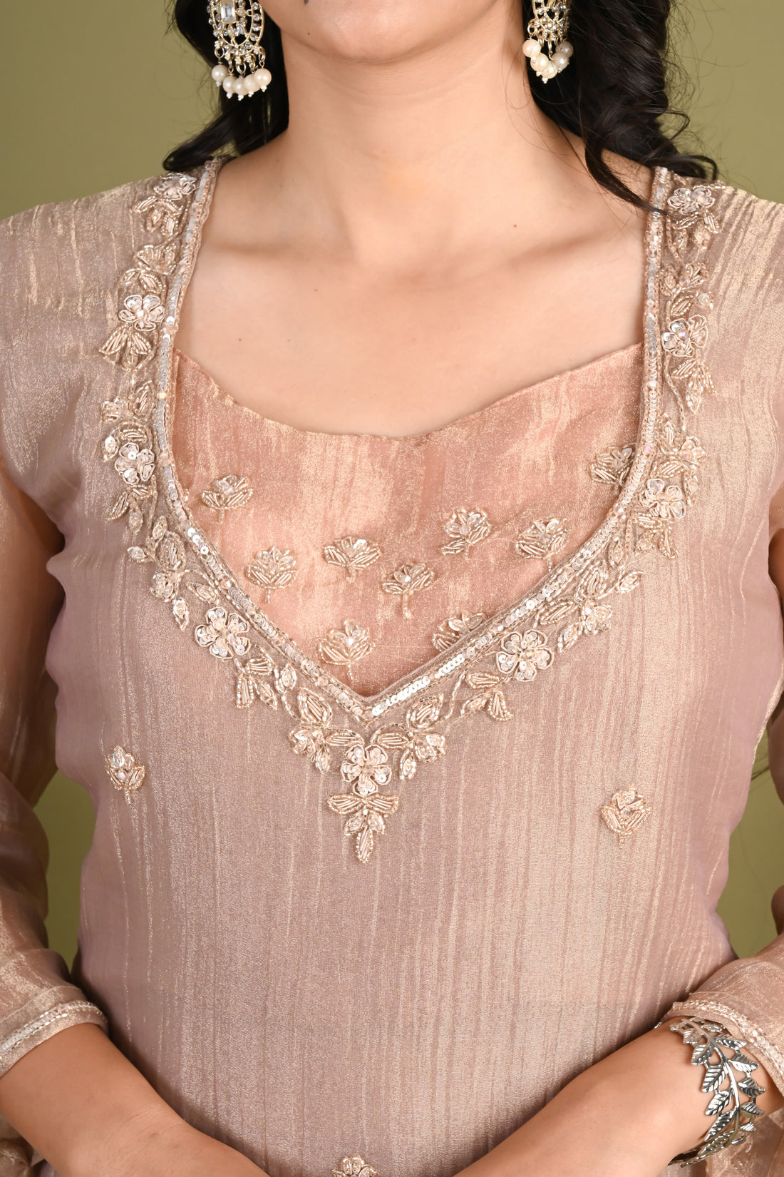 NR-161/ Champagne Rose Embroidered Kurta Set with Bustier & Palazzo