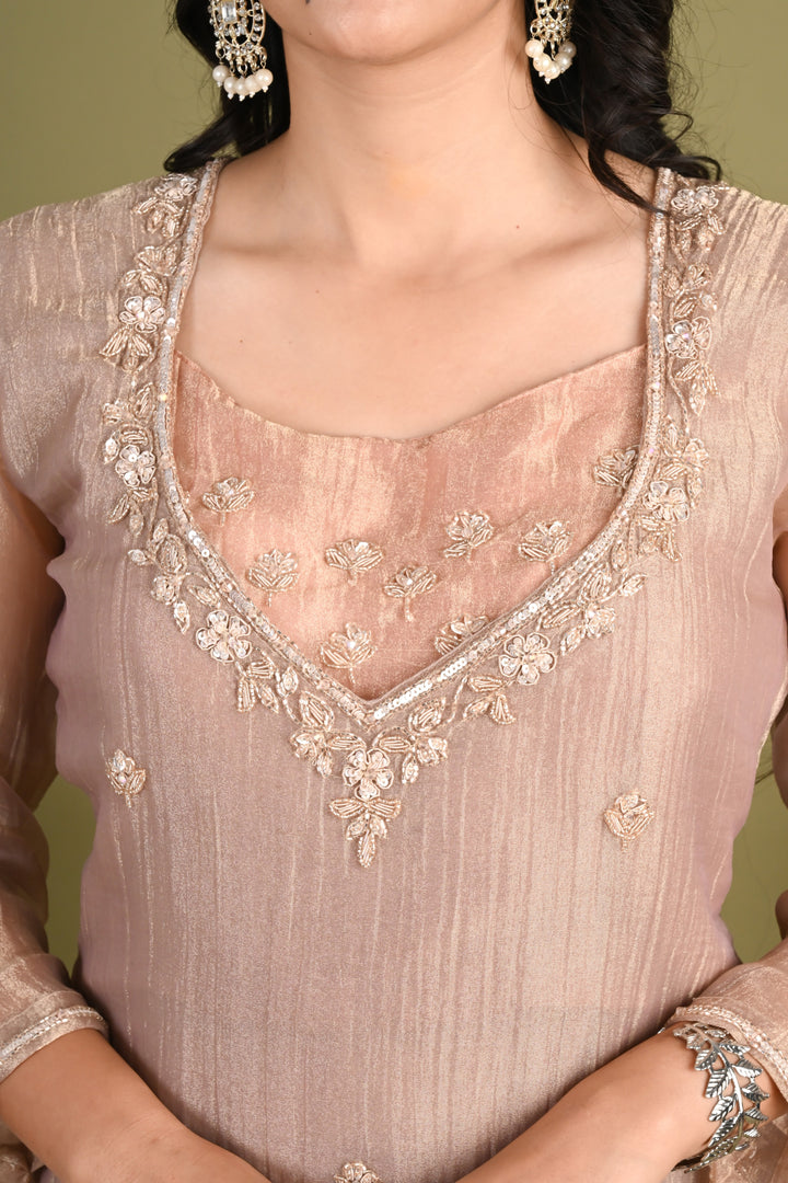 NR-161/ Champagne Rose Embroidered Kurta Set with Bustier & Palazzo