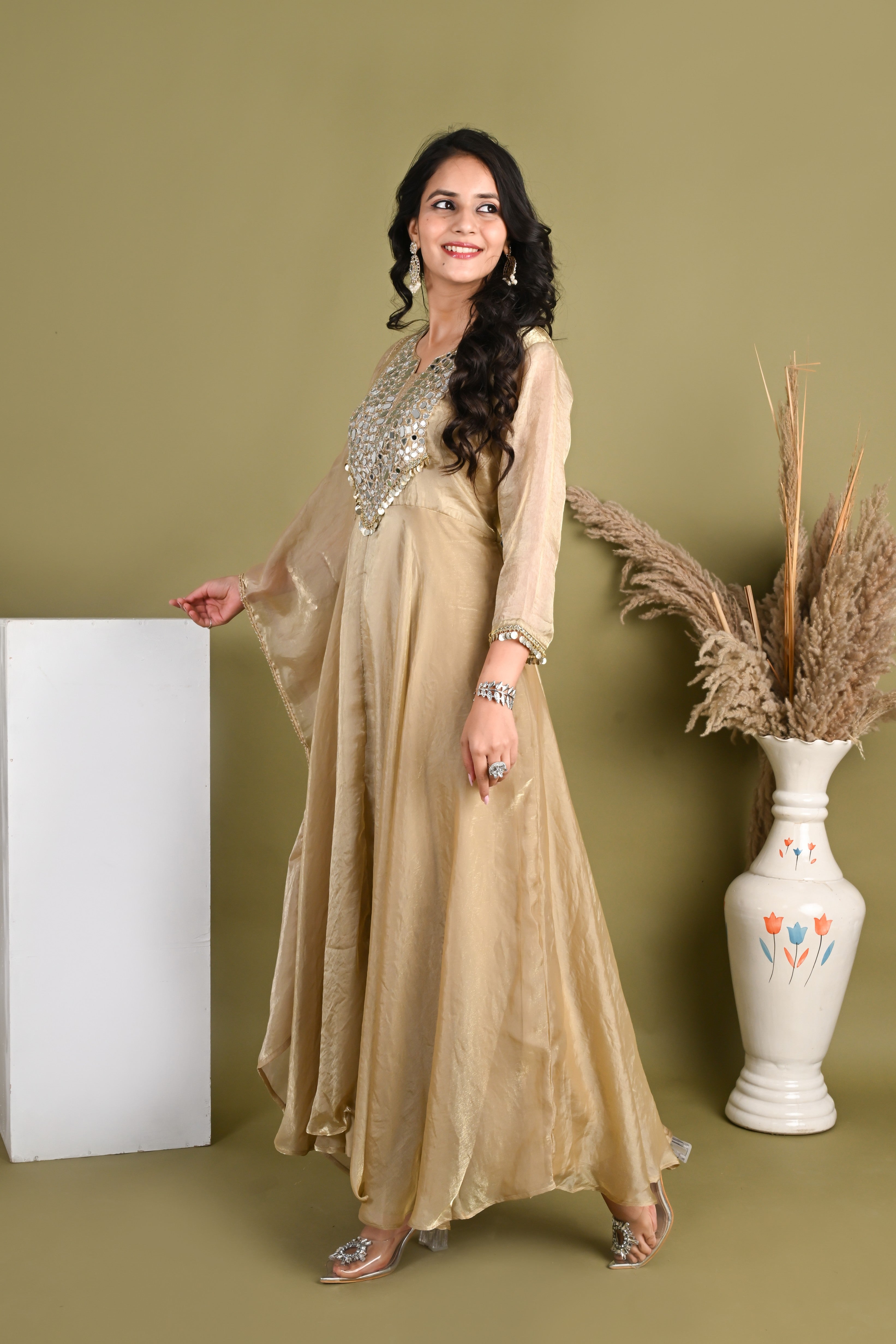 NR- 160/ Champagne Mirror Work Anarkali Suit Set