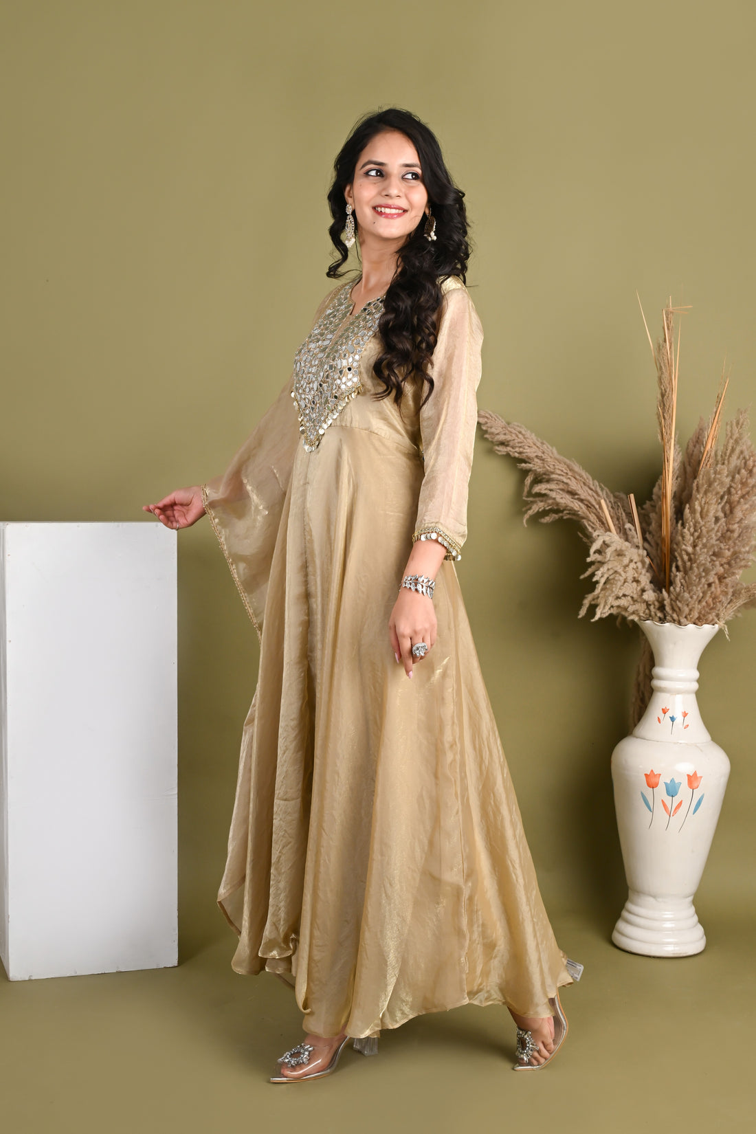 NR- 160/ Champagne Mirror Work Anarkali Suit Set