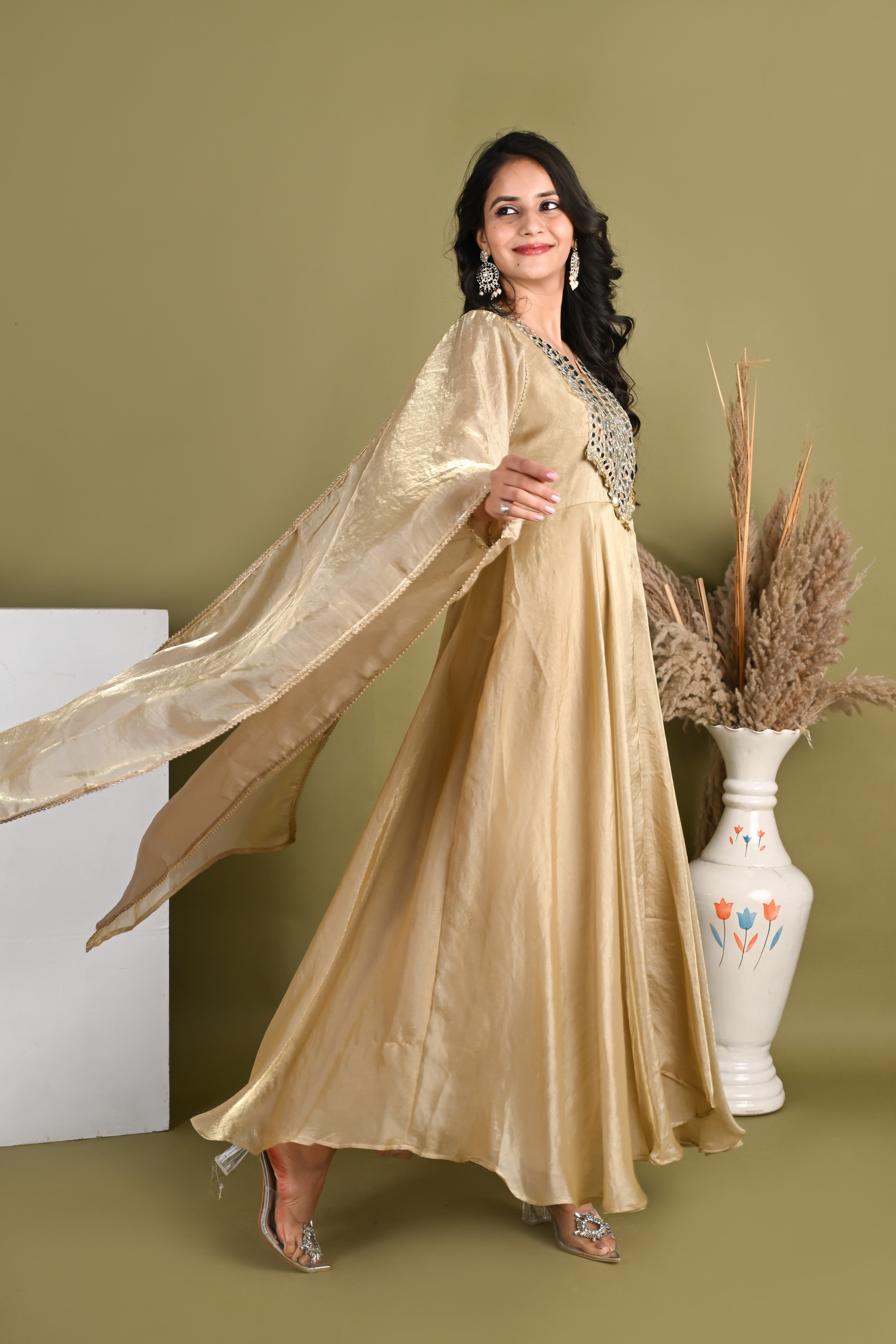 NR- 160/ Champagne Mirror Work Anarkali Suit Set