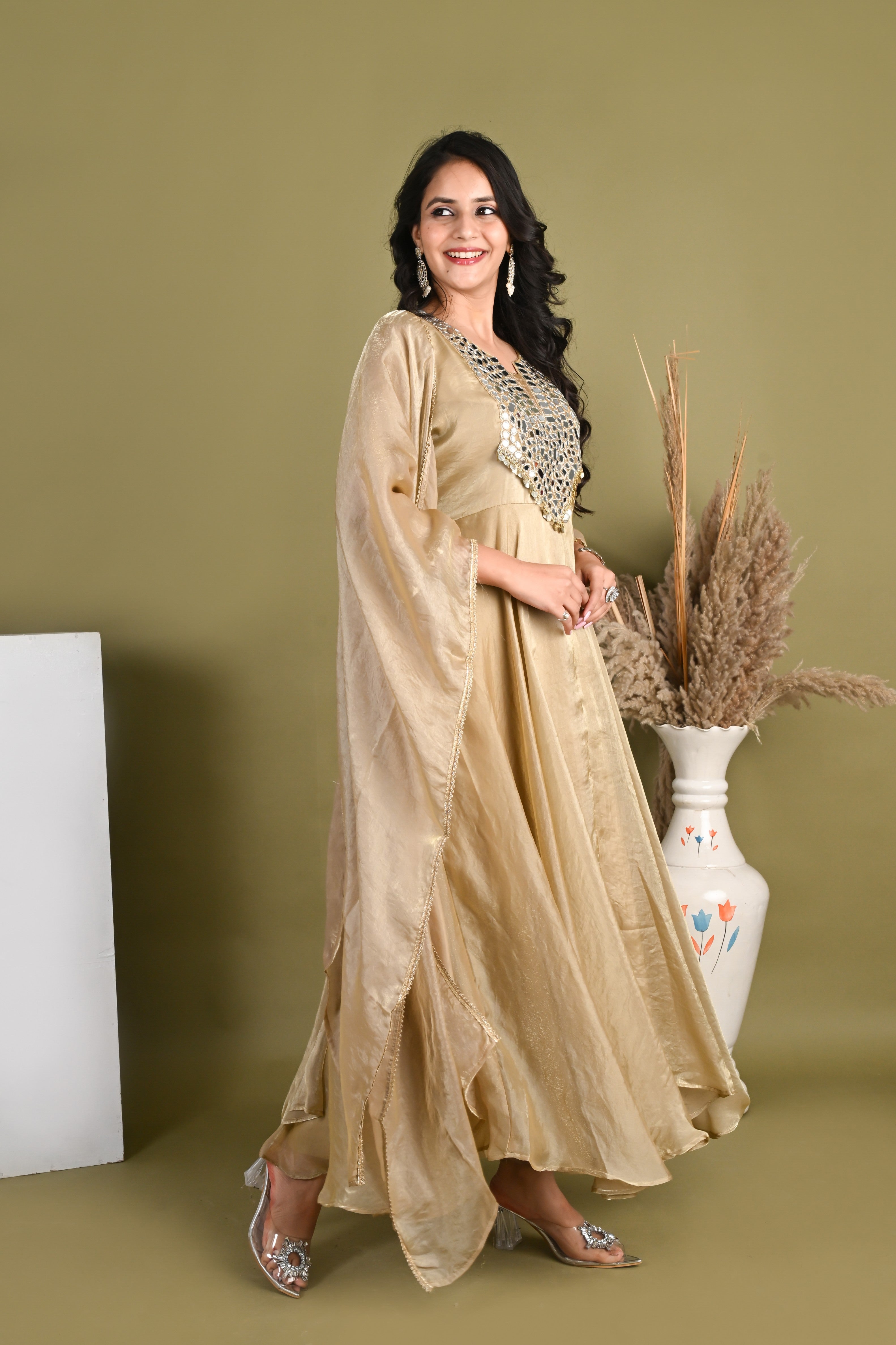 NR- 160/ Champagne Mirror Work Anarkali Suit Set