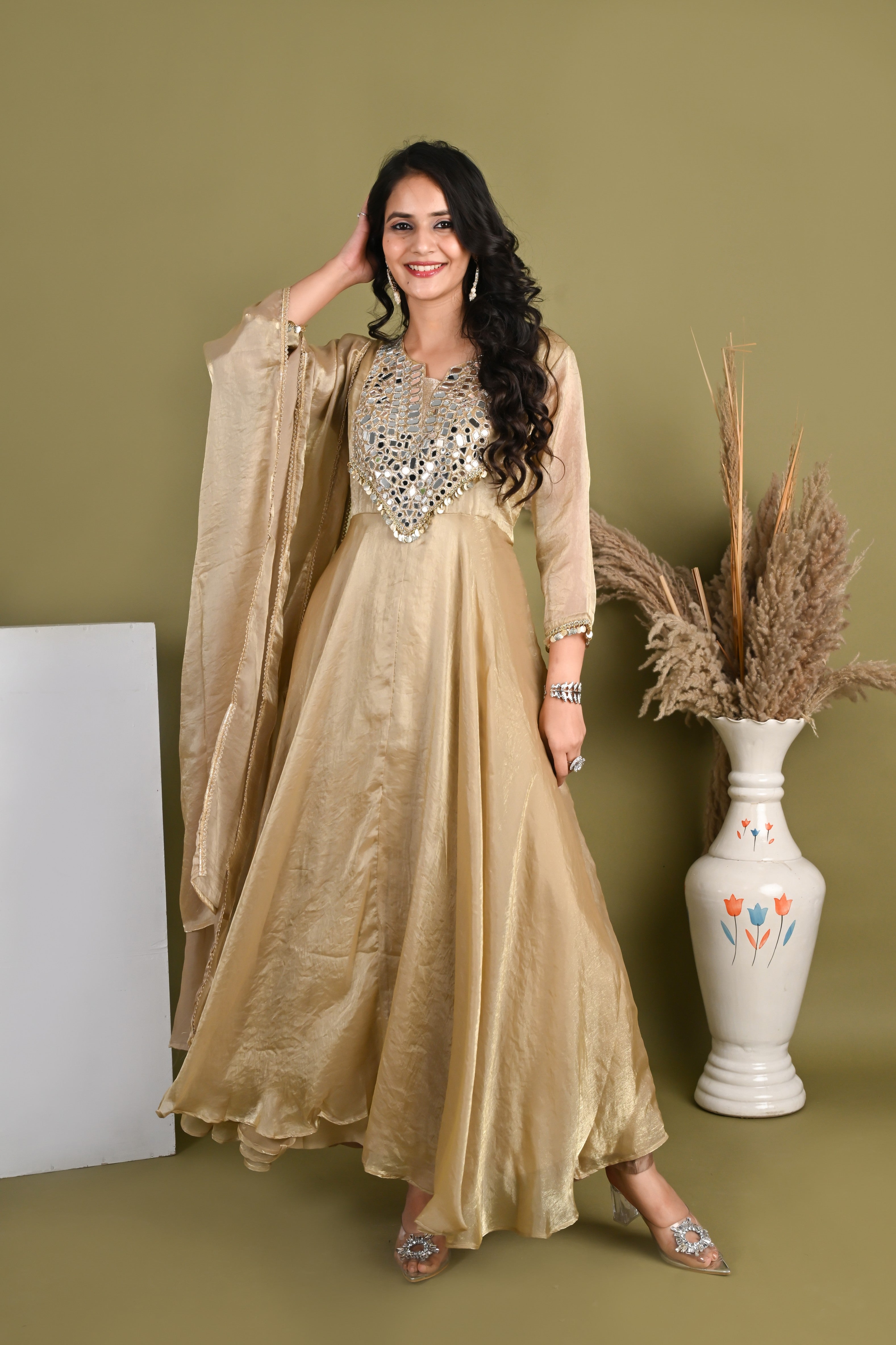 NR- 160/ Champagne Mirror Work Anarkali Suit Set