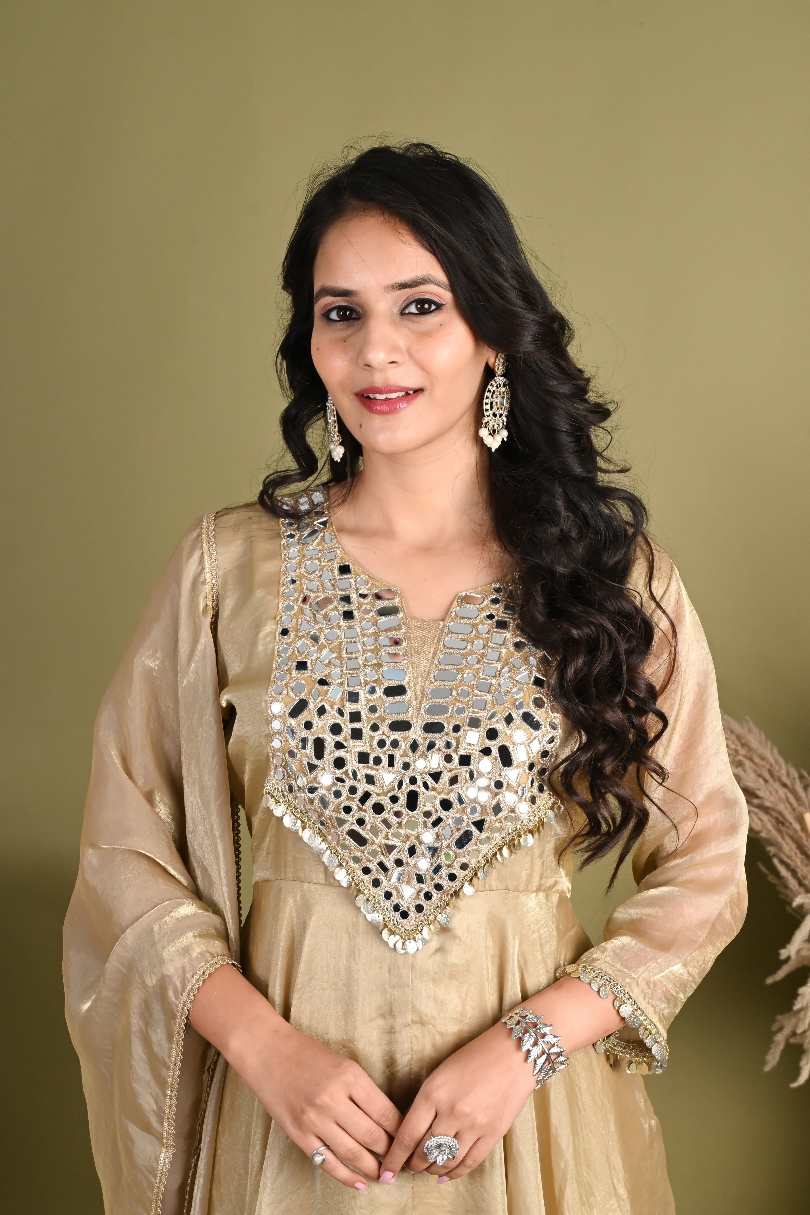 NR- 160/ Champagne Mirror Work Anarkali Suit Set