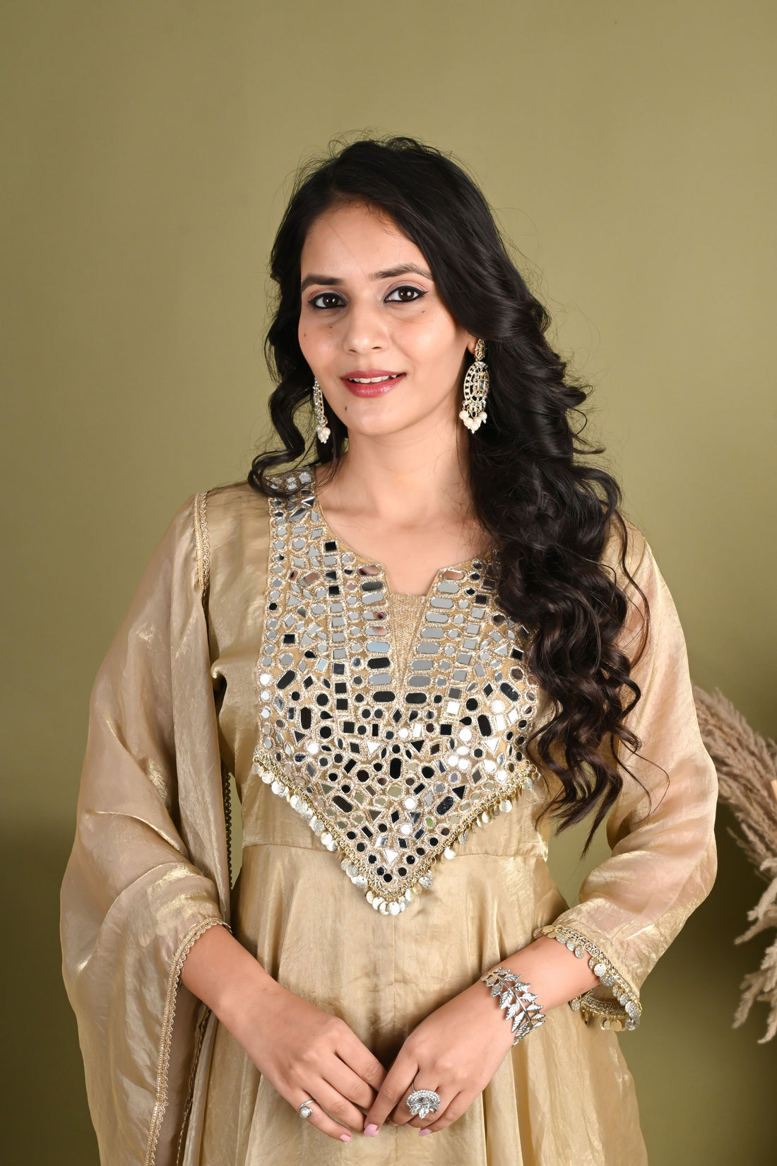 NR- 160/ Champagne Mirror Work Anarkali Suit Set