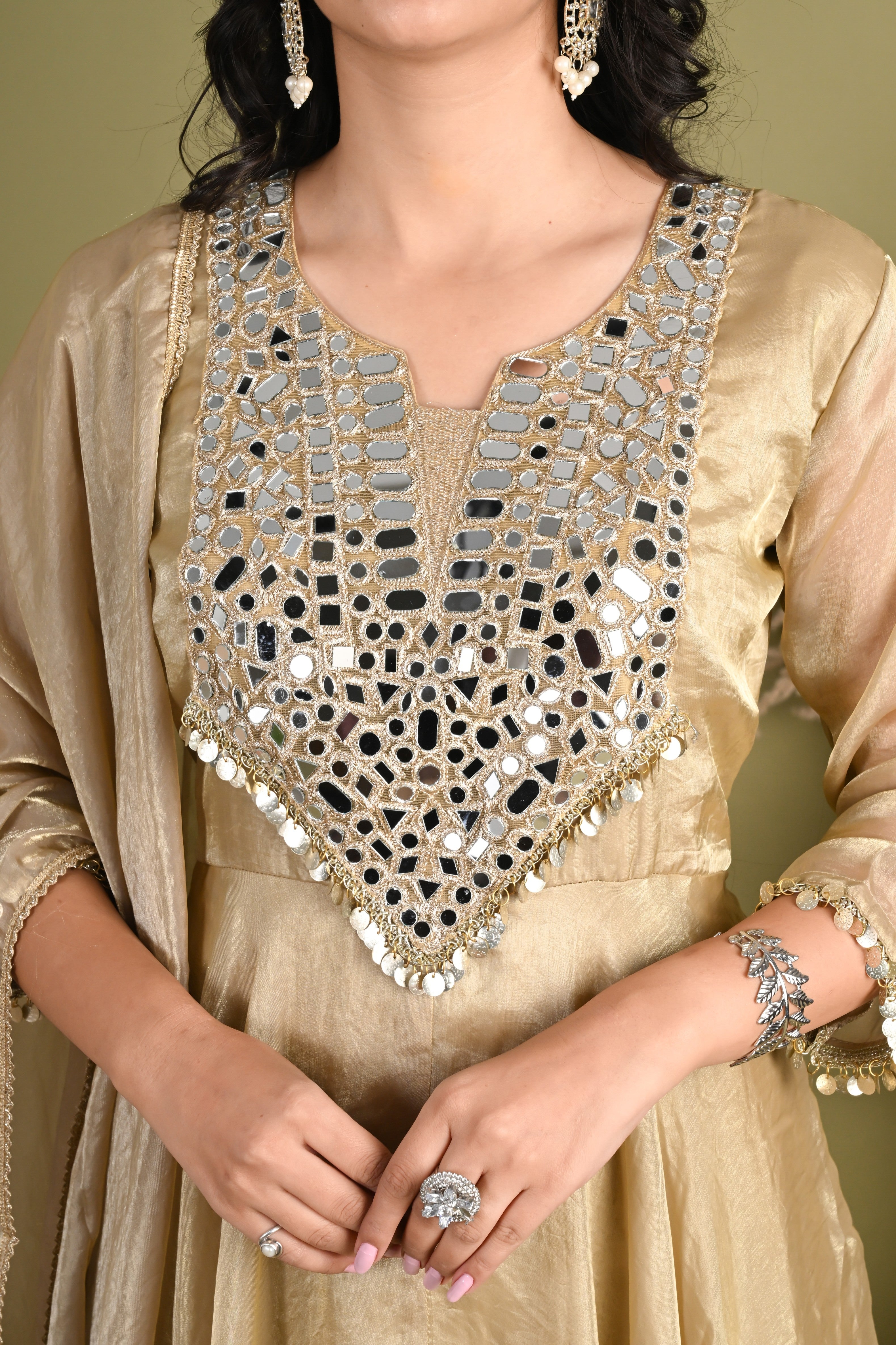 NR- 160/ Champagne Mirror Work Anarkali Suit Set