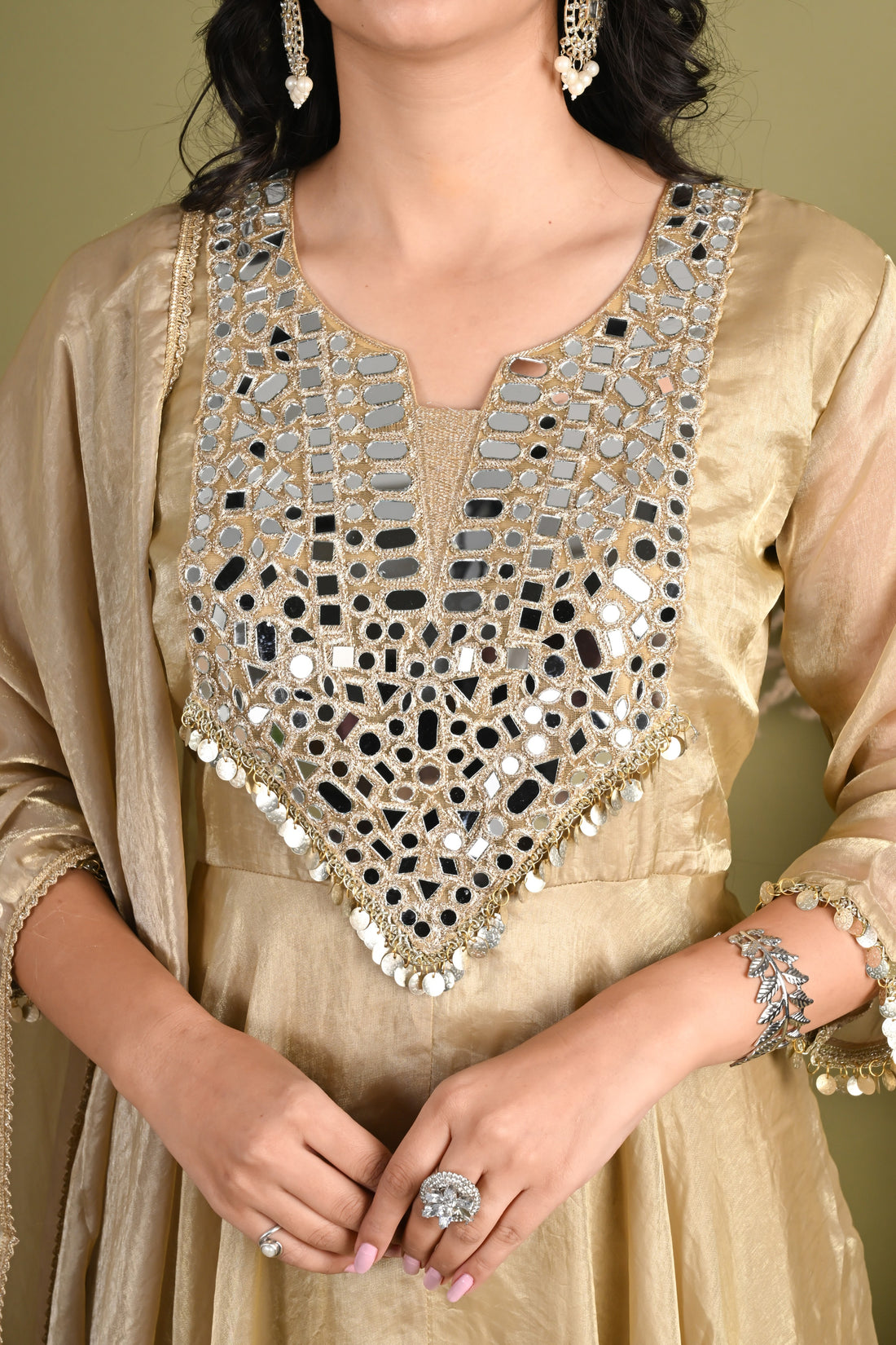 NR- 160/ Champagne Mirror Work Anarkali Suit Set