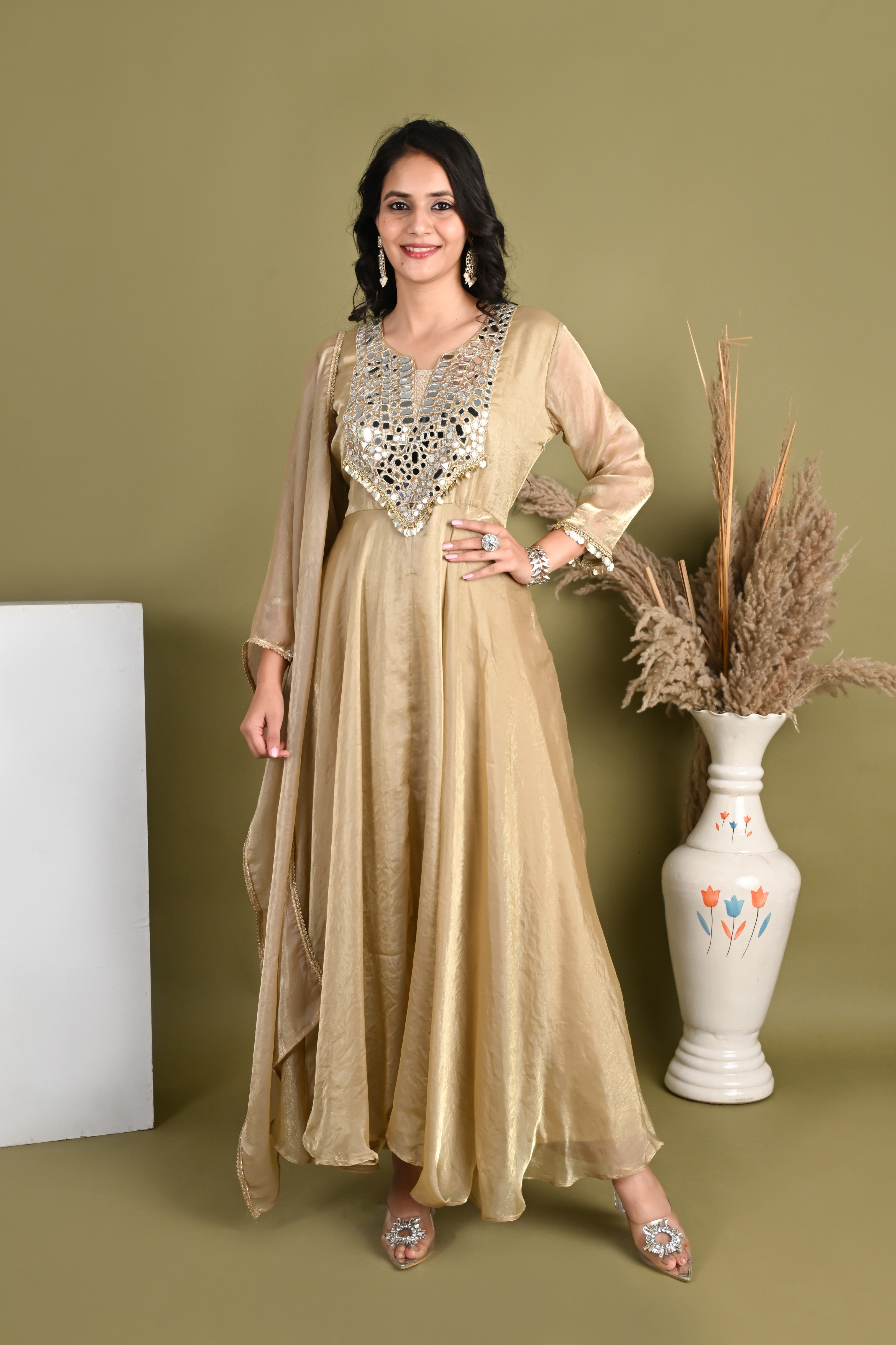 NR- 160/ Champagne Mirror Work Anarkali Suit Set