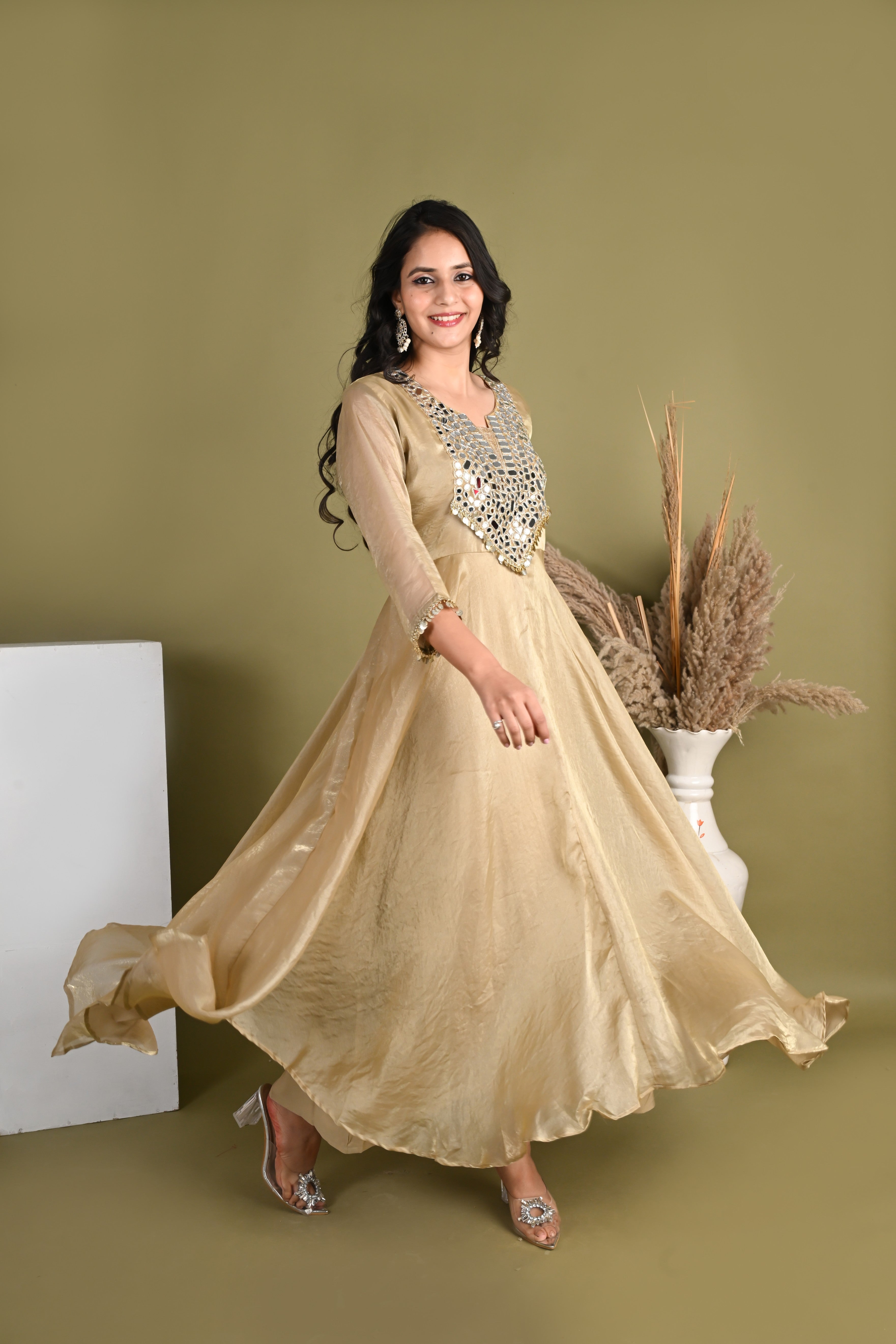 NR- 160/ Champagne Mirror Work Anarkali Suit Set
