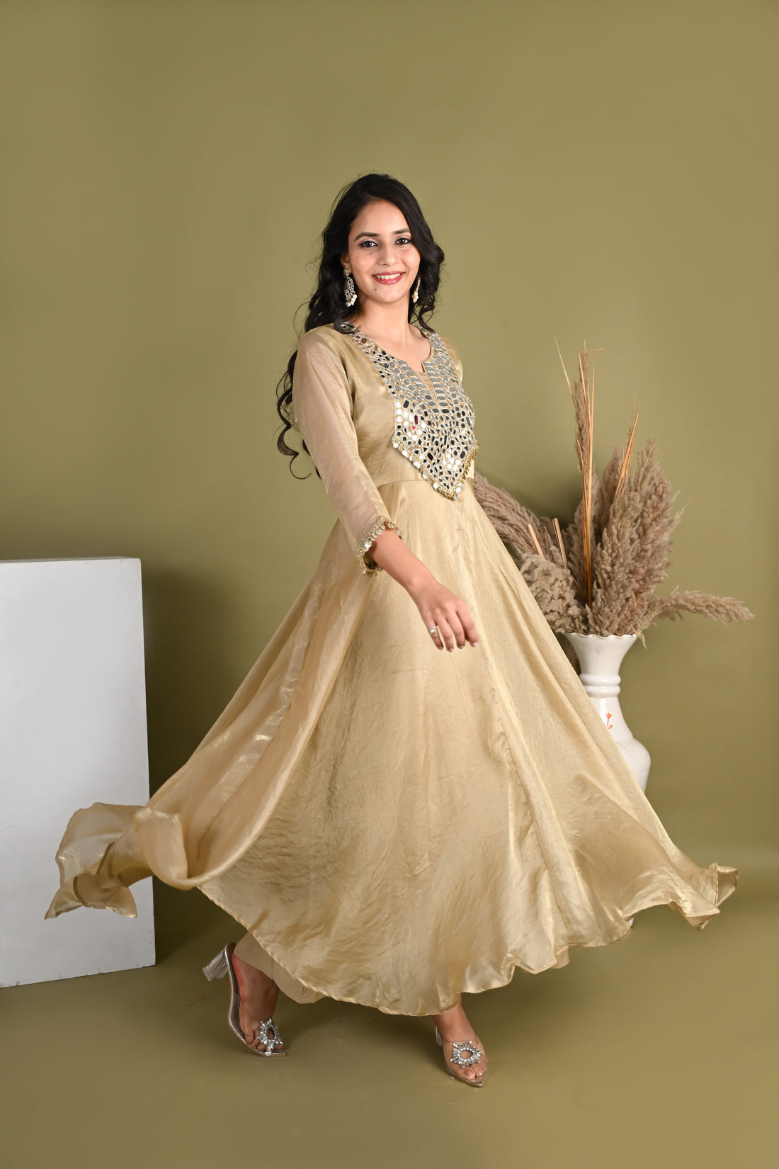 NR- 160/ Champagne Mirror Work Anarkali Suit Set
