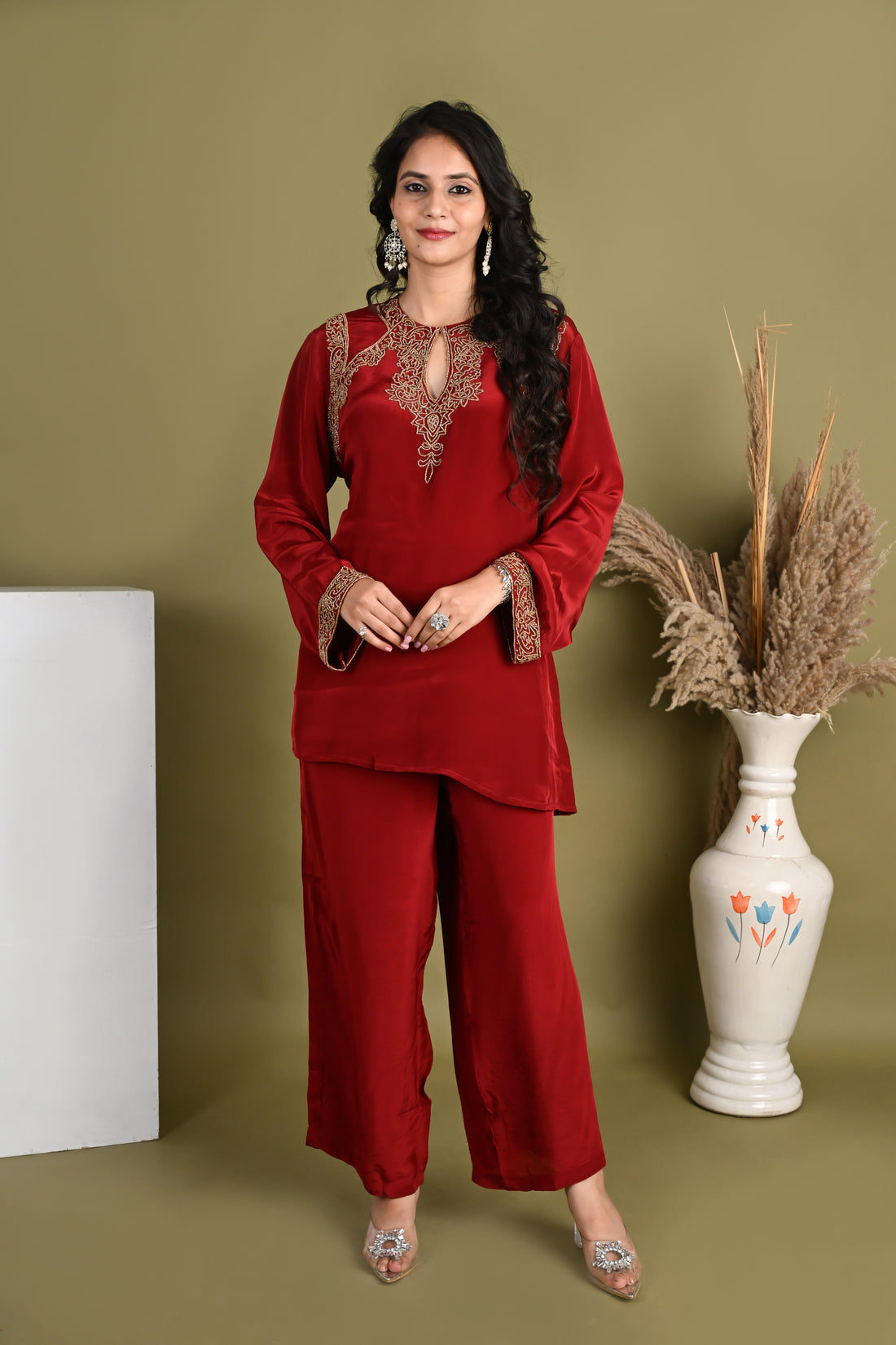 NR-159/ Ruby Red Embroidered Co-ord Set