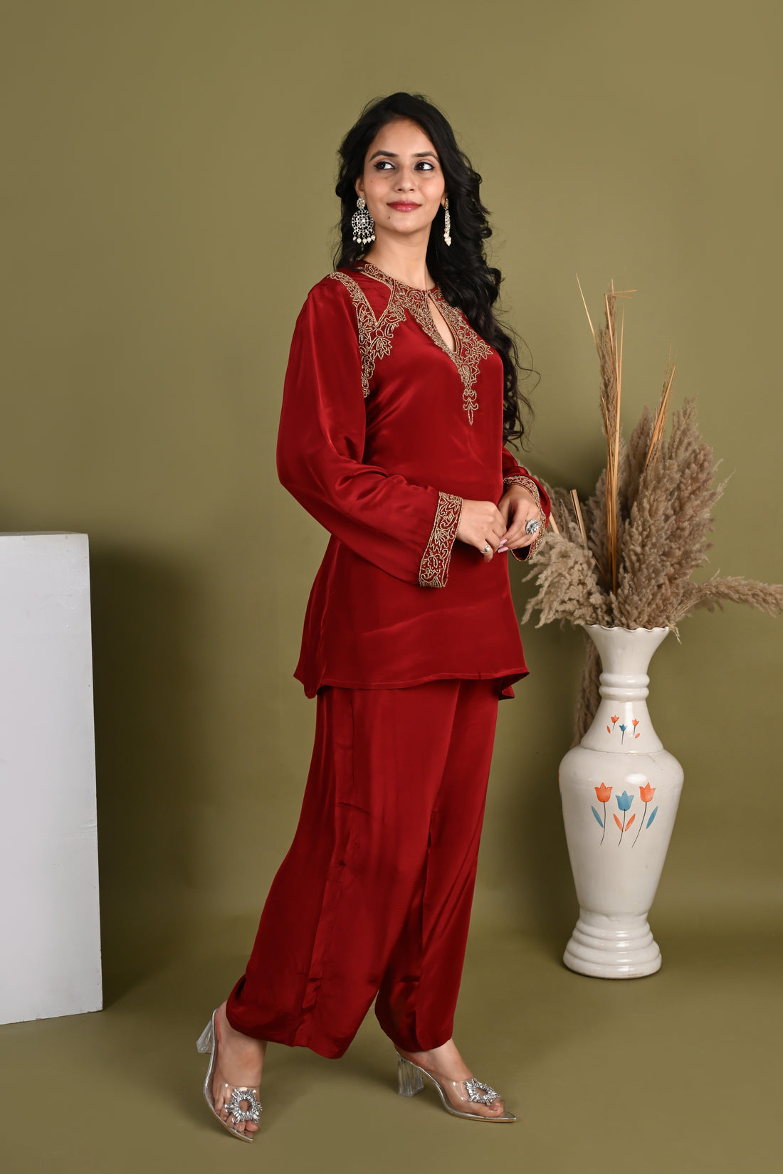 NR-159/ Ruby Red Embroidered Co-ord Set