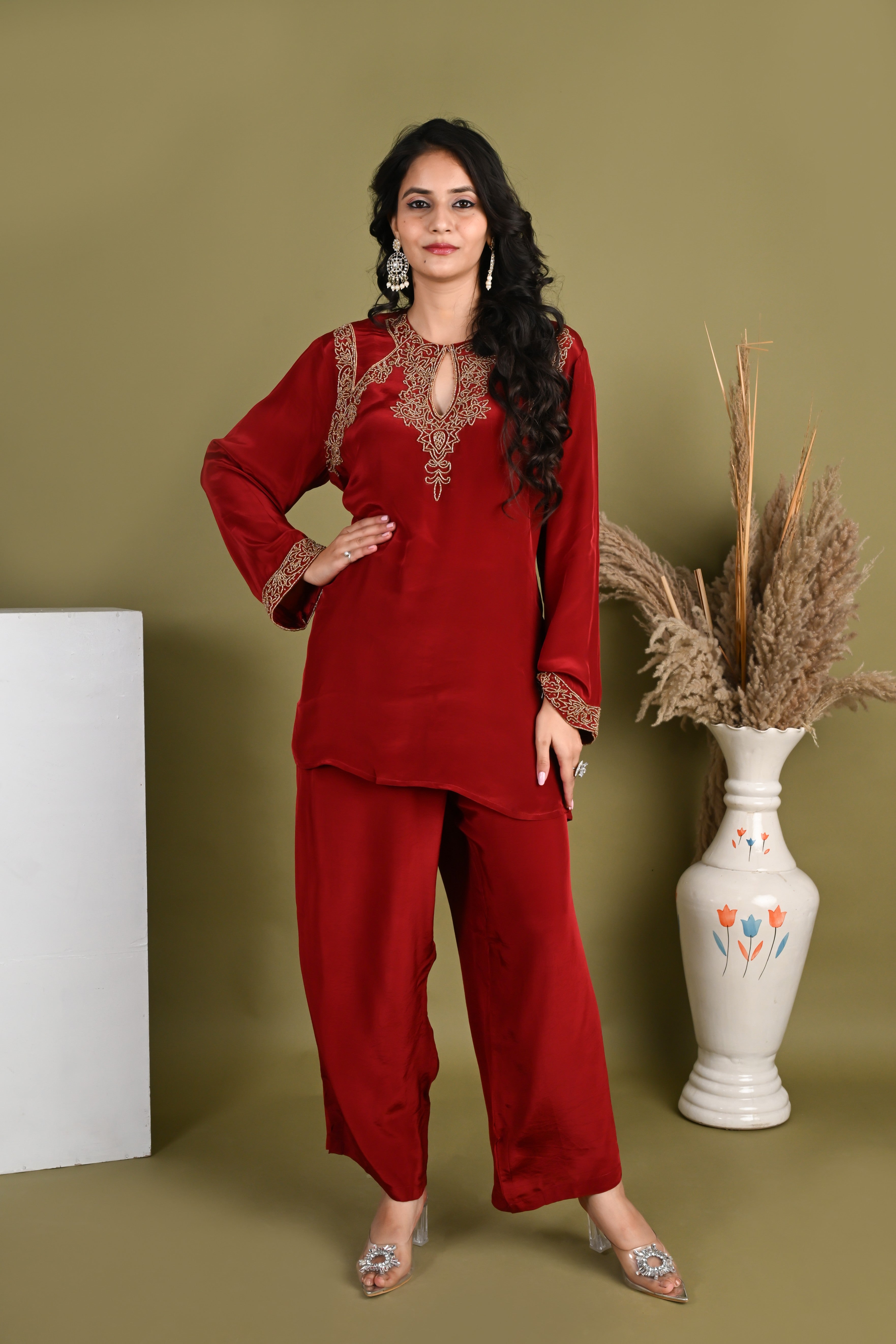 NR-159/ Ruby Red Embroidered Co-ord Set