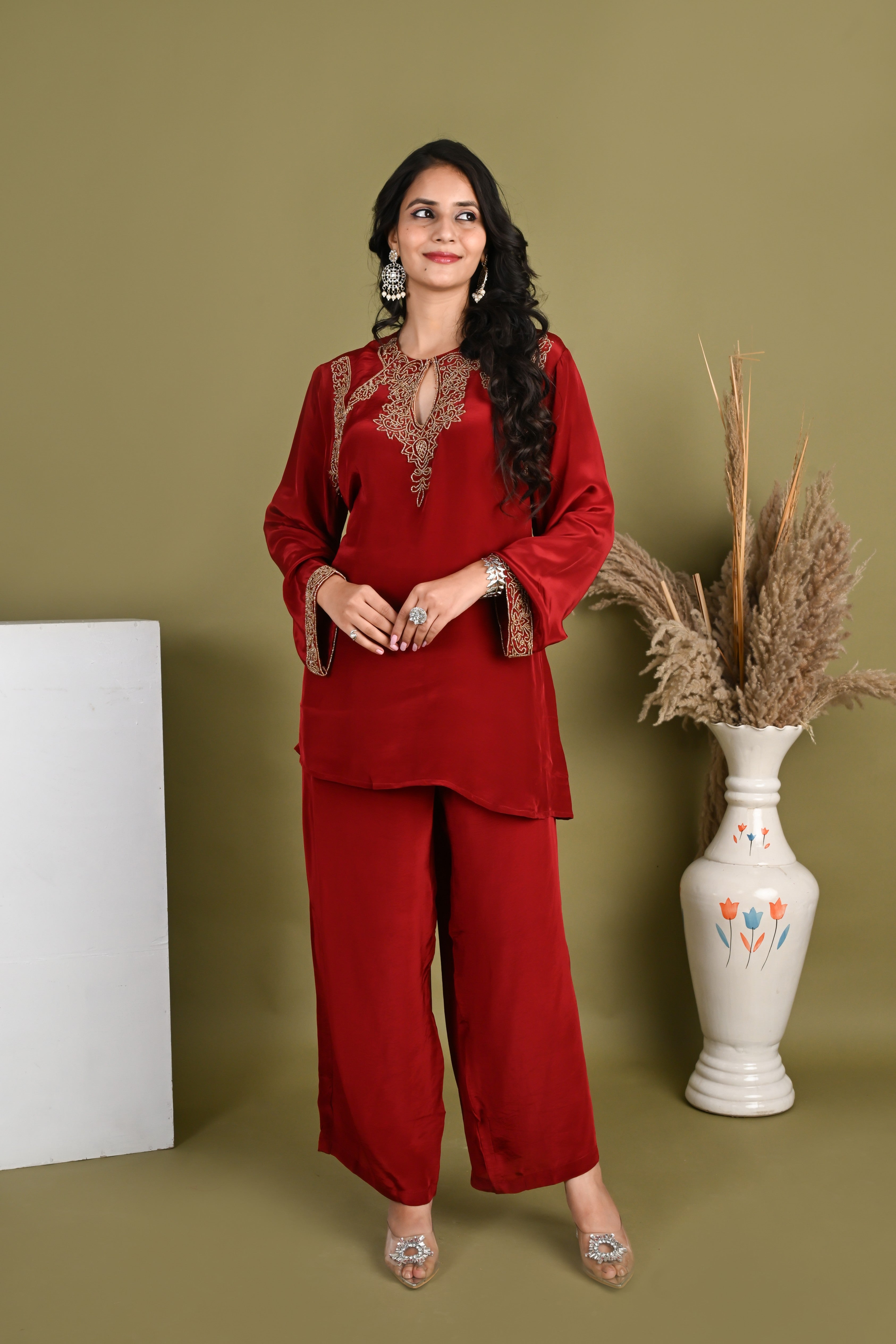 NR-159/ Ruby Red Embroidered Co-ord Set