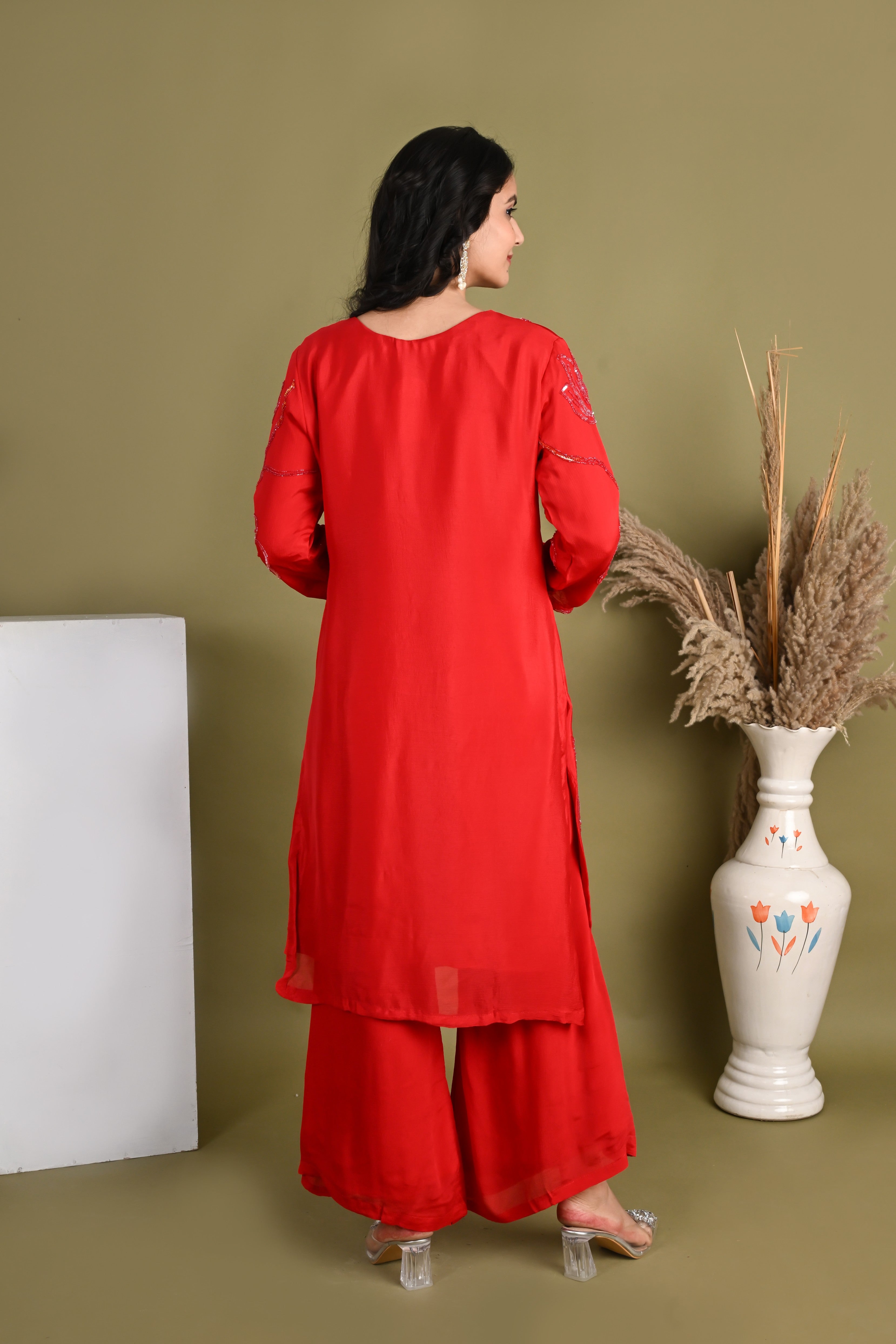 NR-162/ Red Sequin Embroidered Kurta Palazzo Set